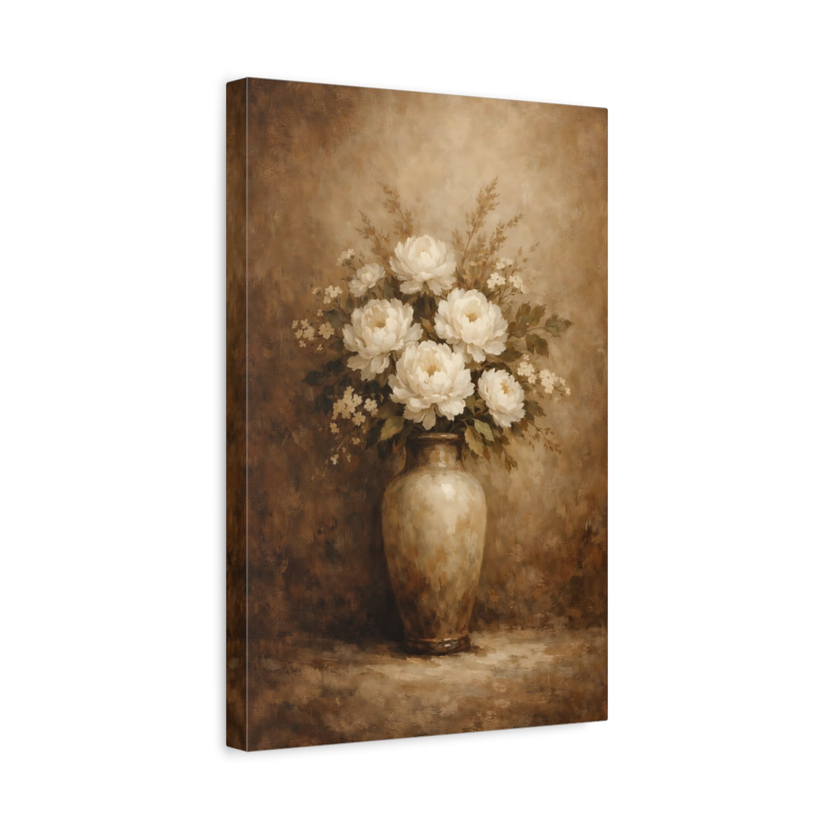 Side Mockup 4. Floral Peonies White Brown Floral shown as stretched canvas wall art