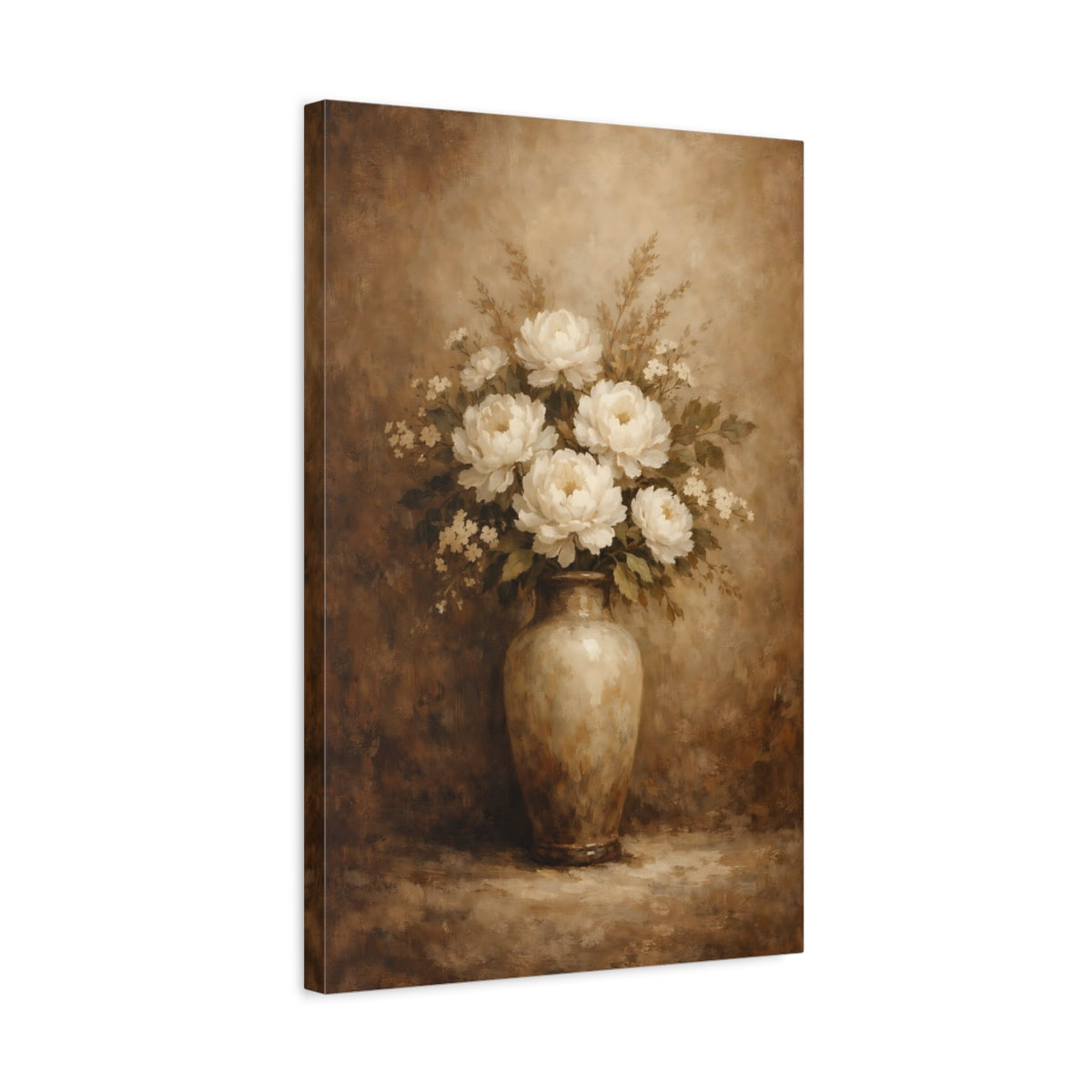 Side Mockup 3. Floral Peonies White Brown Floral shown as stretched canvas wall art