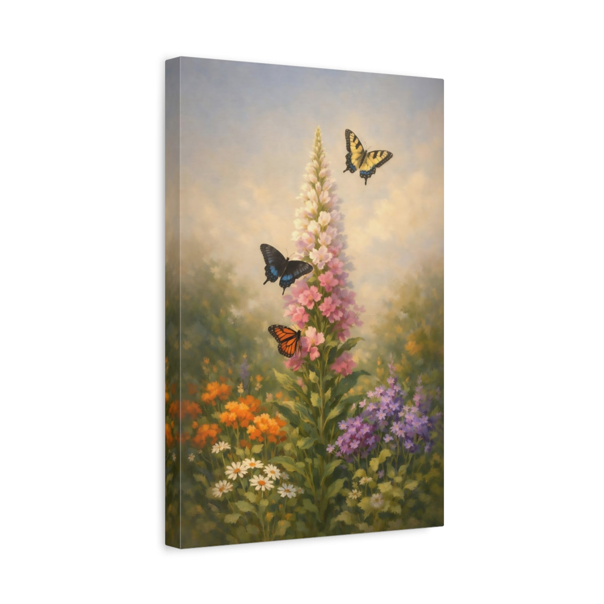 Side Mockup 4. Nature Butterflies, Flowers Floral Garden shown as stretched canvas wall art