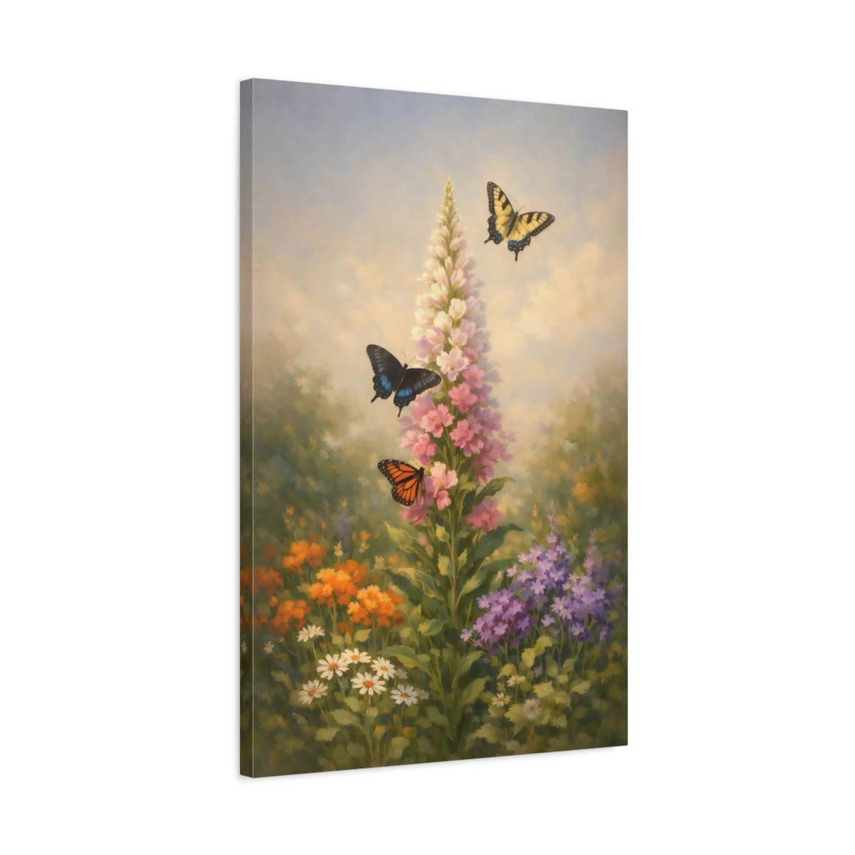 Side Mockup 2. Nature Butterflies, Flowers Floral Garden shown as stretched canvas wall art