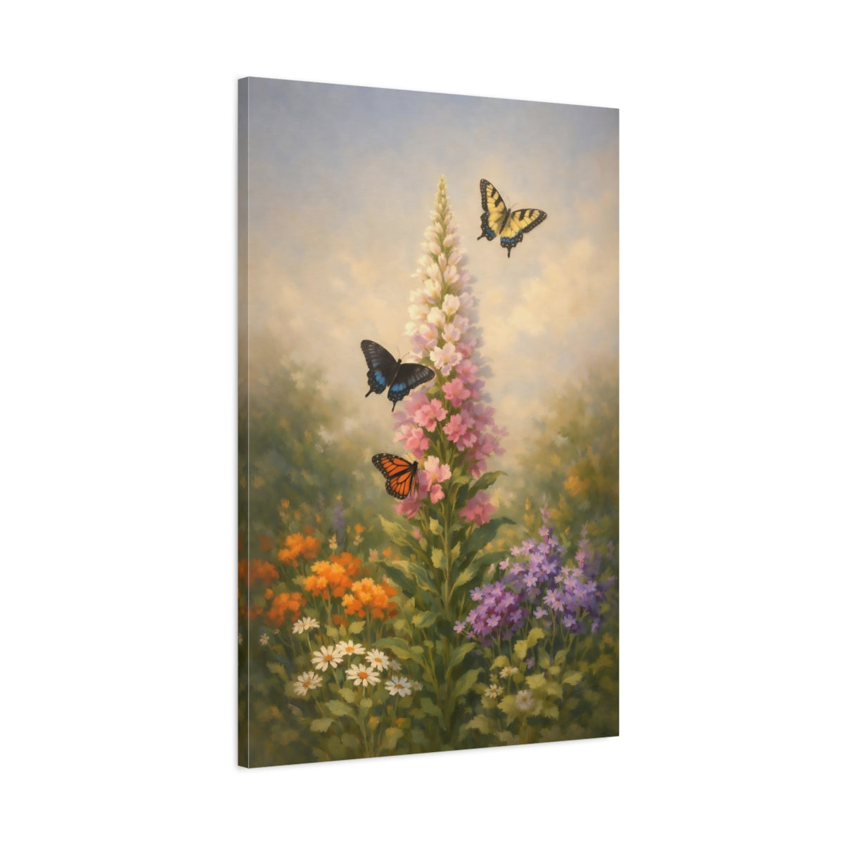 Side Mockup 1. Nature Butterflies, Flowers Floral Garden shown as stretched canvas wall art