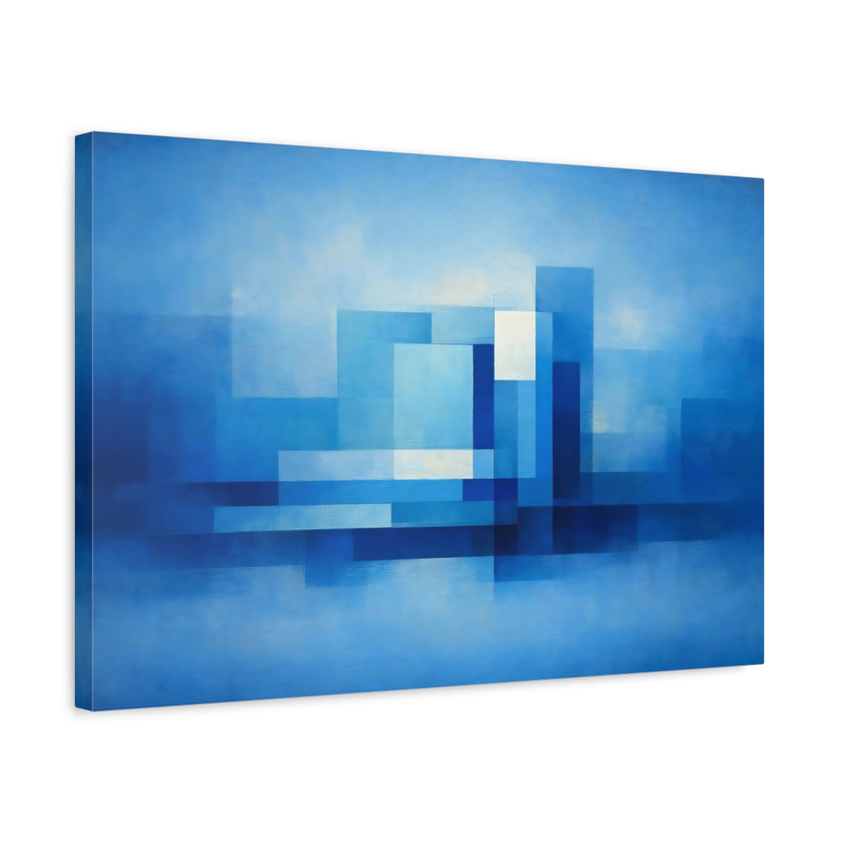 Side Mockup 3. Abstract Geometric Shapes Blue Abstract shown as stretched canvas wall art