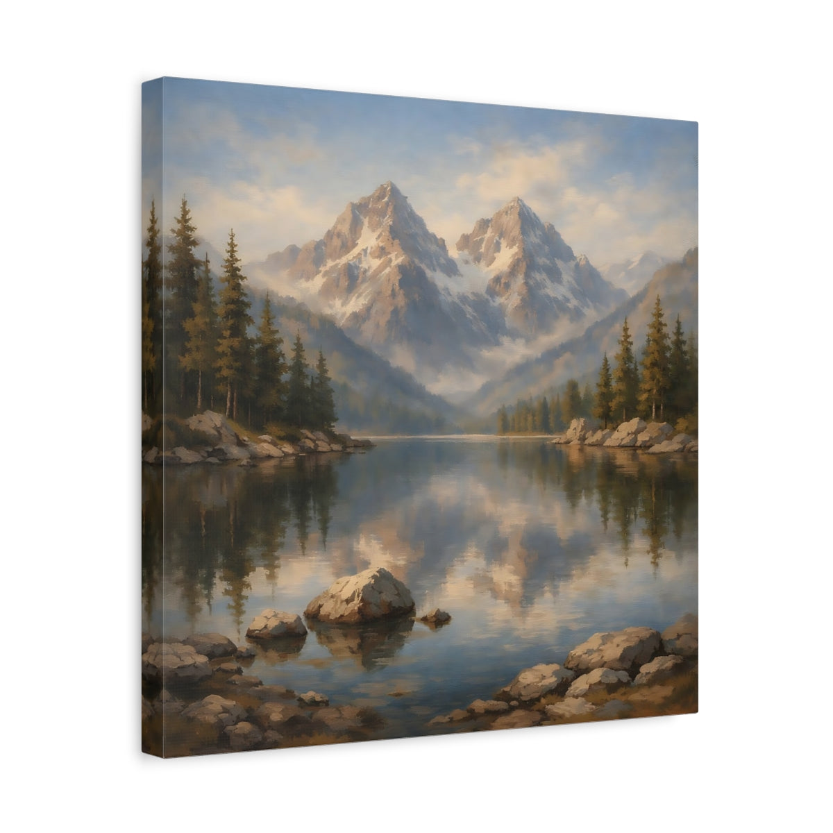 Side Mockup 6. Nature Mountain Lake Mountain Lake Landscape shown as stretched canvas wall art