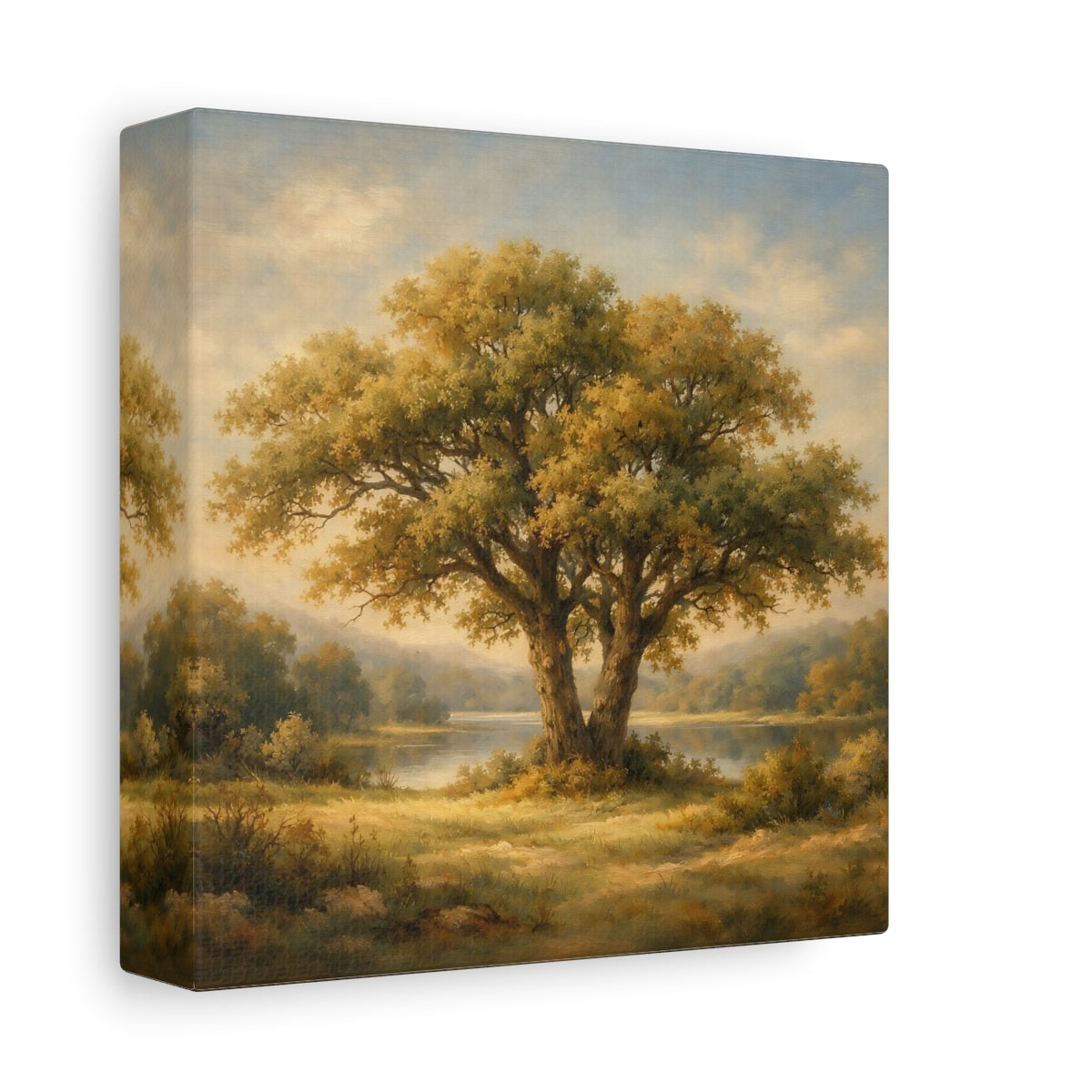 Side Mockup 1. Nature Oak Tree Green And Gold Landscape shown as stretched canvas wall art