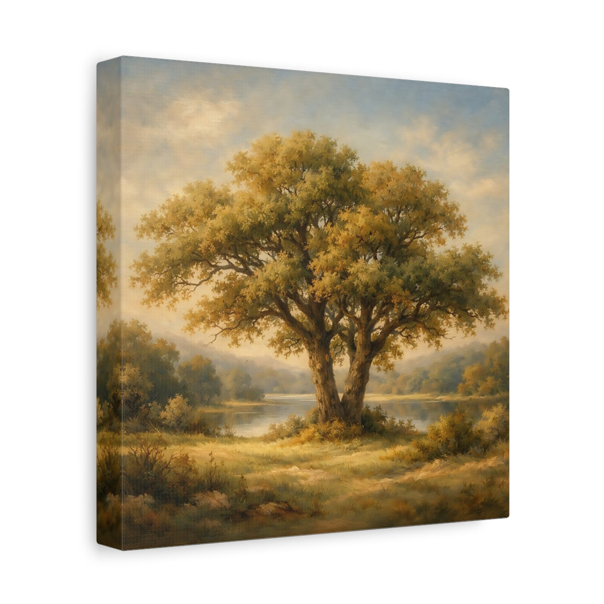 Side Mockup 9. Nature Oak Tree Green And Gold Landscape shown as stretched canvas wall art