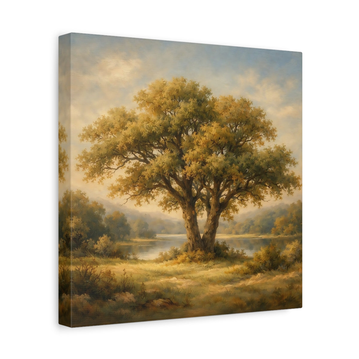 Side Mockup 8. Nature Oak Tree Green And Gold Landscape shown as stretched canvas wall art