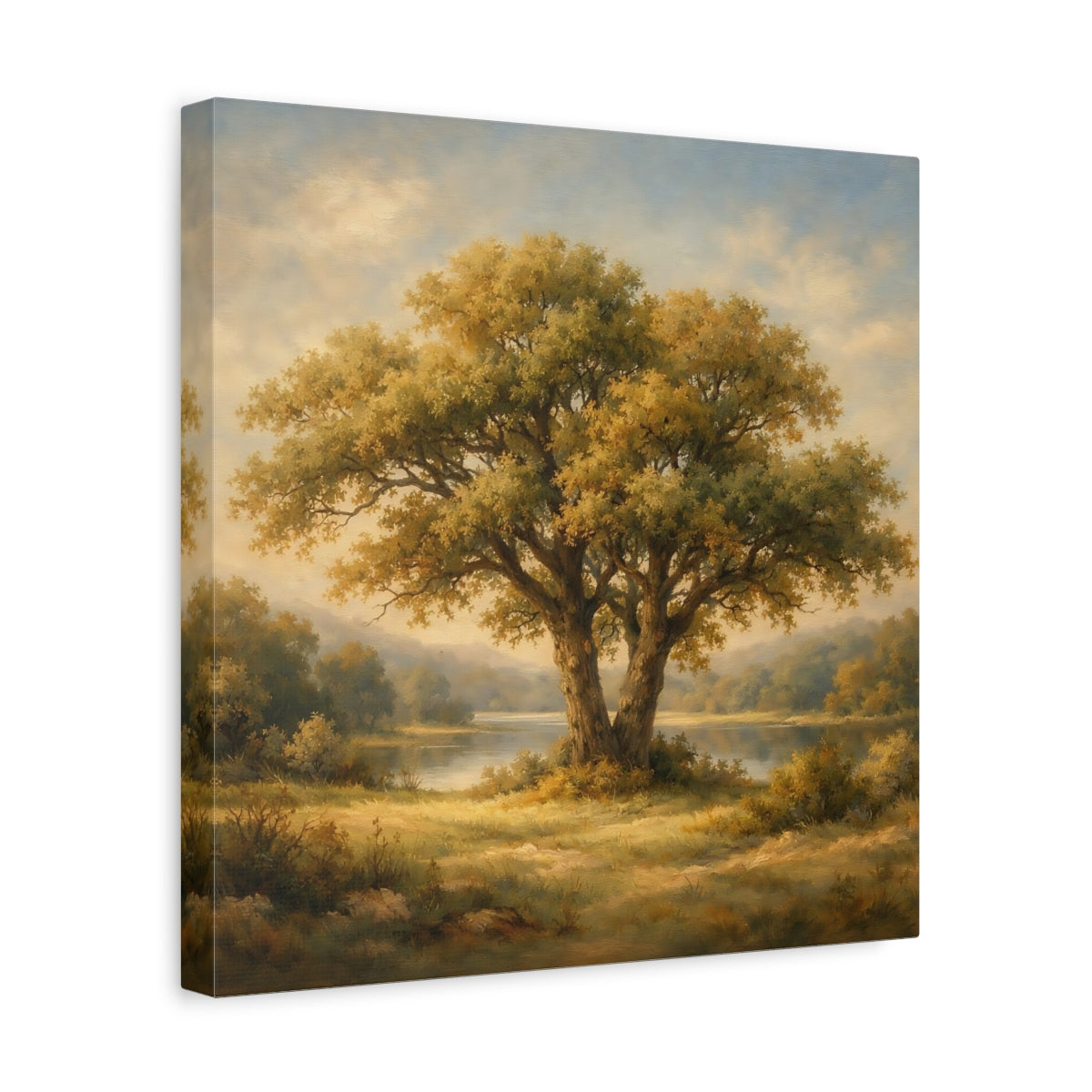 Side Mockup 7. Nature Oak Tree Green And Gold Landscape shown as stretched canvas wall art