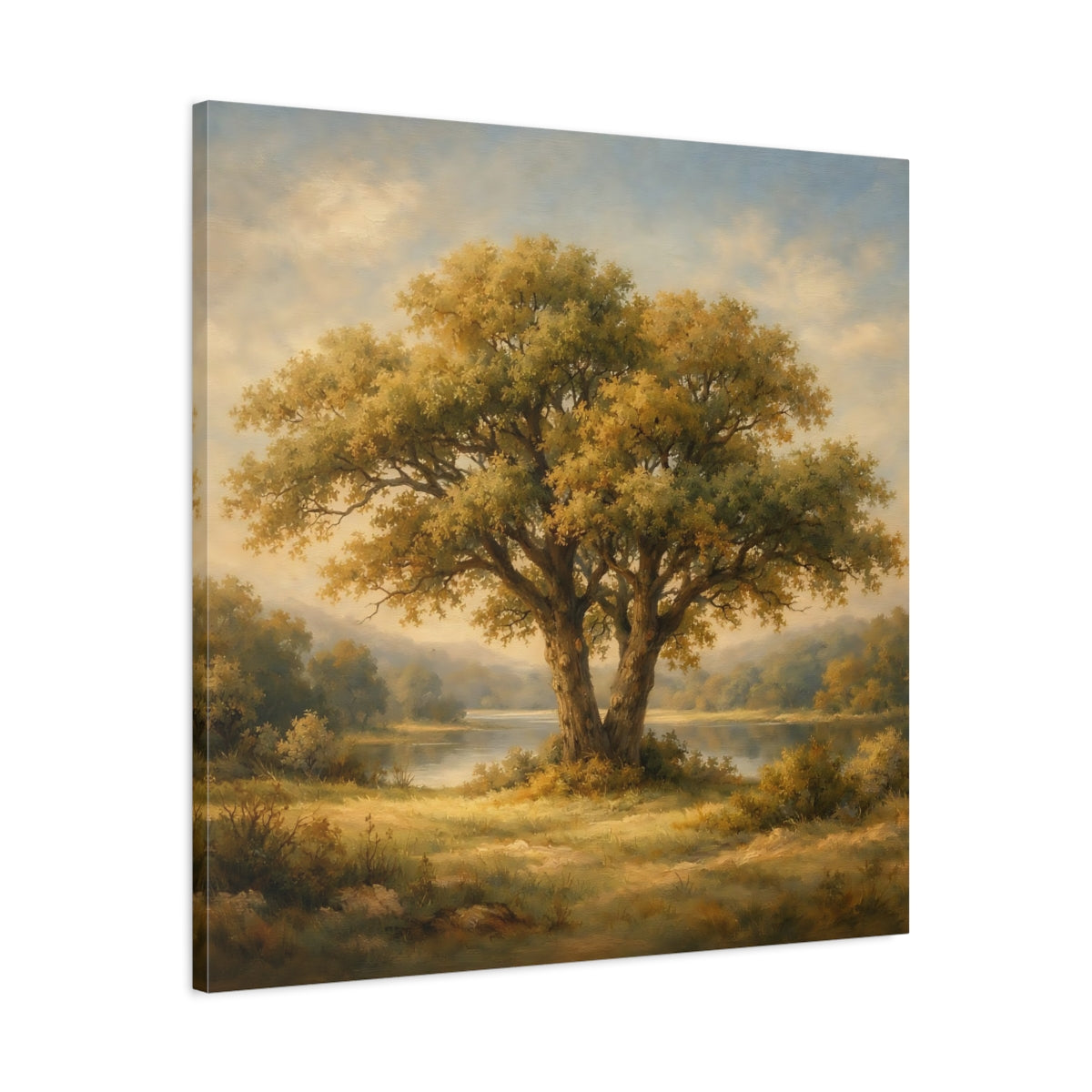 Side Mockup 3. Nature Oak Tree Green And Gold Landscape shown as stretched canvas wall art