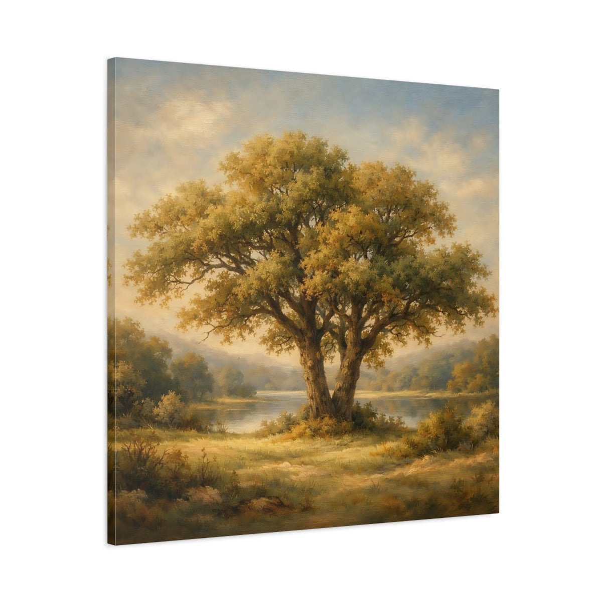 Side Mockup 2. Nature Oak Tree Green And Gold Landscape shown as stretched canvas wall art