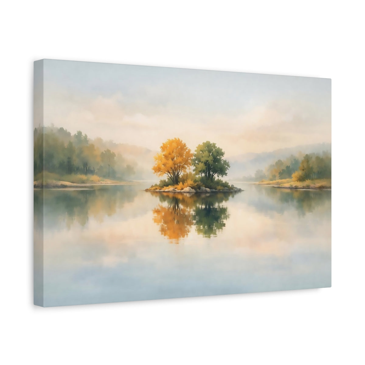 Watercolor River Reflection Island Trees Nature - Canvas Wall Art Print