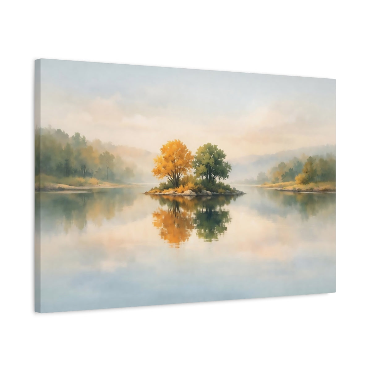 Watercolor River Reflection Island Trees Nature - Canvas Wall Art Print