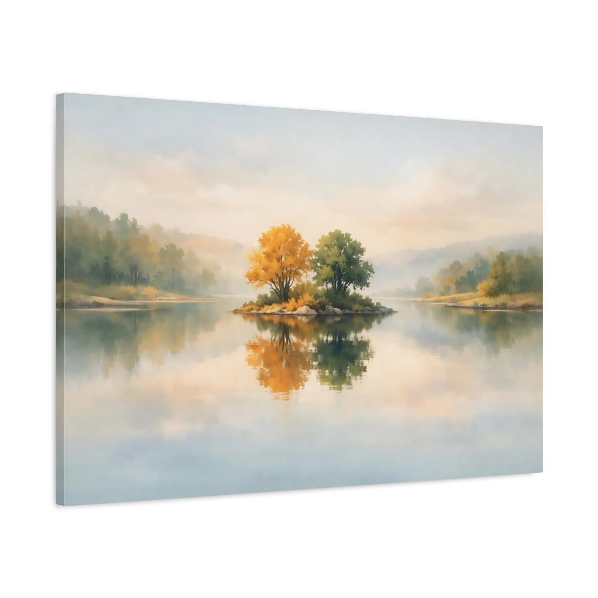 Watercolor River Reflection Island Trees Nature - Canvas Wall Art Print