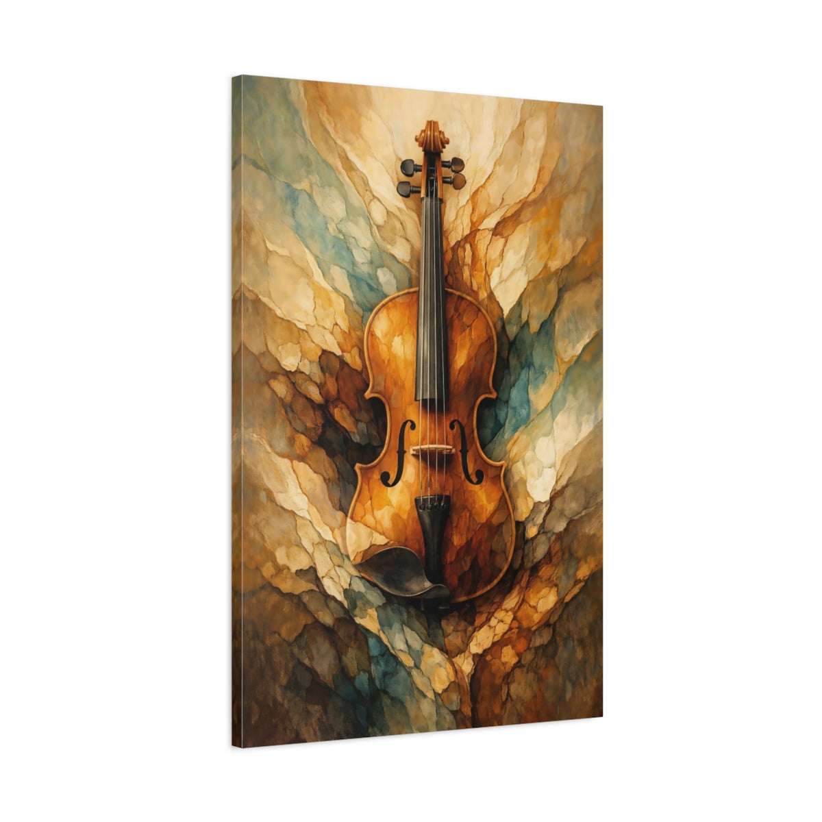 Side Mockup 1. Abstract Violin Brown And Gold shown as stretched canvas wall art