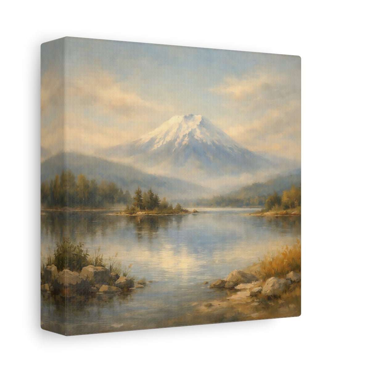 Side Mockup 1. Nature Snowy Mountain Mountain Lake Landscape shown as stretched canvas wall art