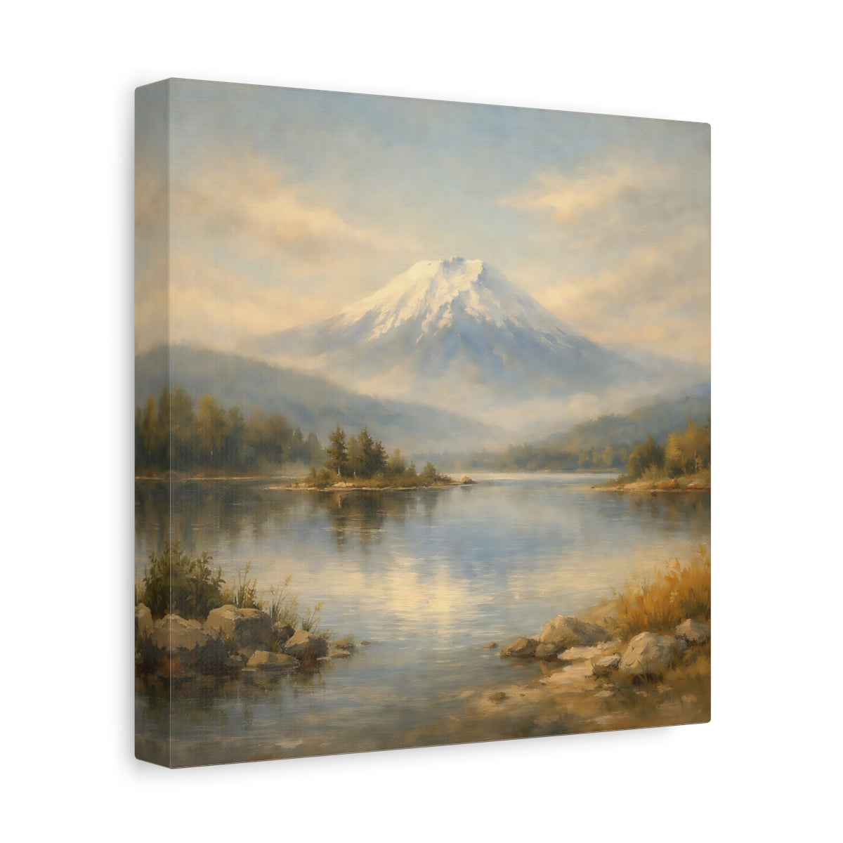Side Mockup 9. Nature Snowy Mountain Mountain Lake Landscape shown as stretched canvas wall art