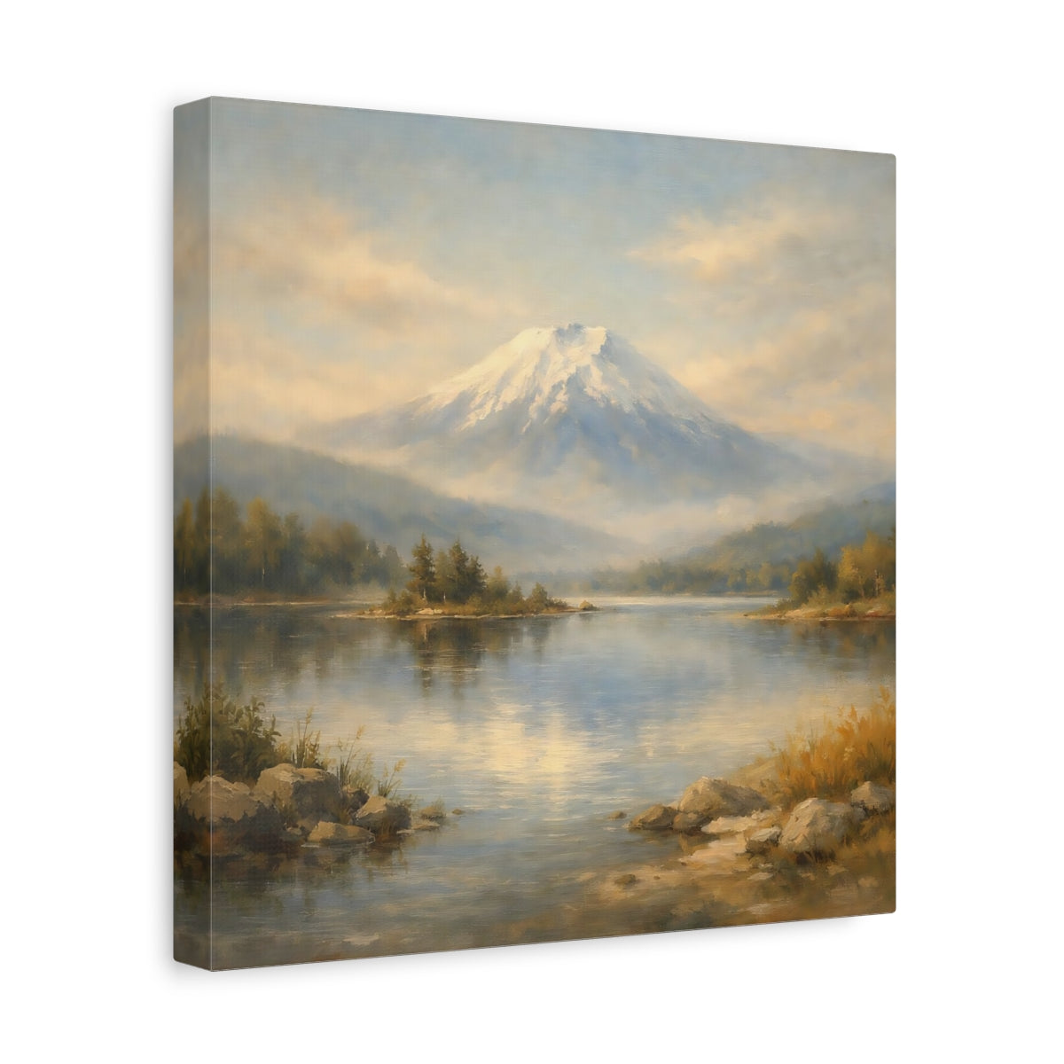 Side Mockup 8. Nature Snowy Mountain Mountain Lake Landscape shown as stretched canvas wall art