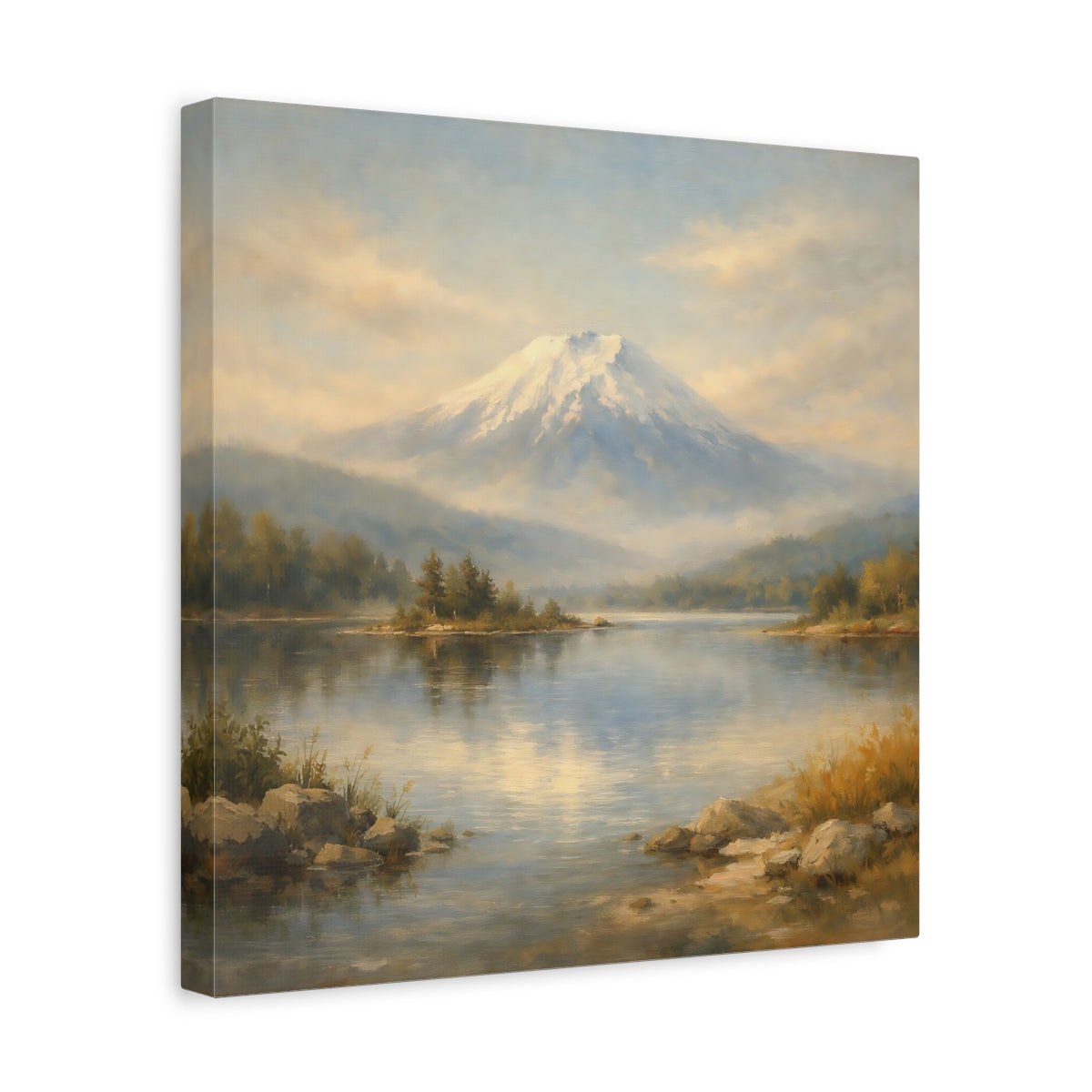 Side Mockup 7. Nature Snowy Mountain Mountain Lake Landscape shown as stretched canvas wall art