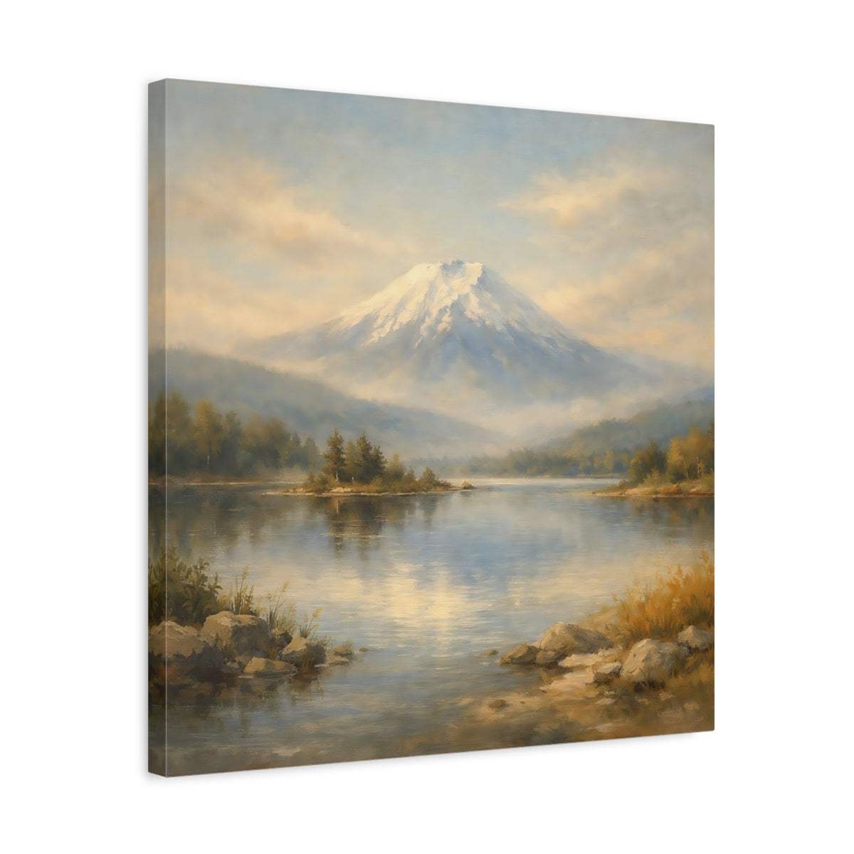 Side Mockup 5. Nature Snowy Mountain Mountain Lake Landscape shown as stretched canvas wall art