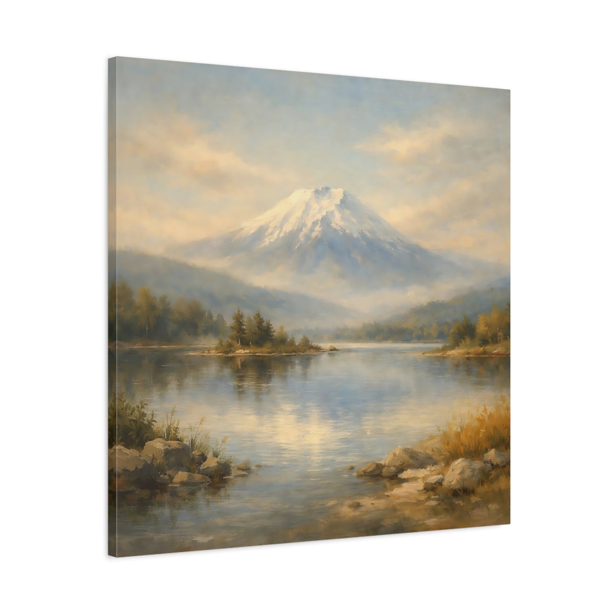 Side Mockup 3. Nature Snowy Mountain Mountain Lake Landscape shown as stretched canvas wall art