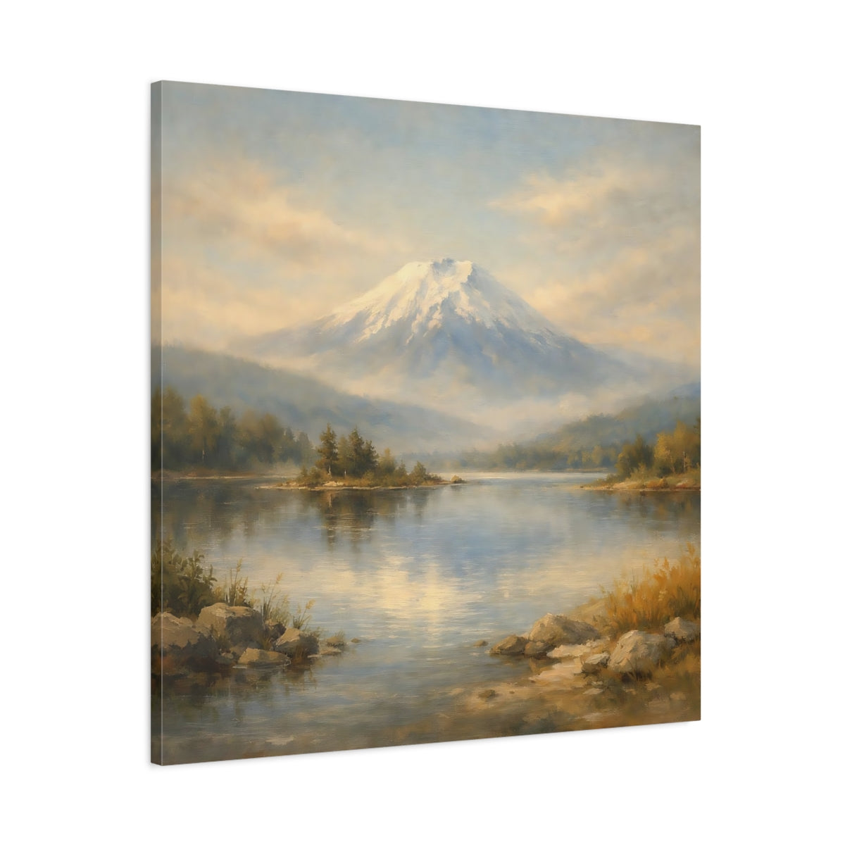 Side Mockup 2. Nature Snowy Mountain Mountain Lake Landscape shown as stretched canvas wall art