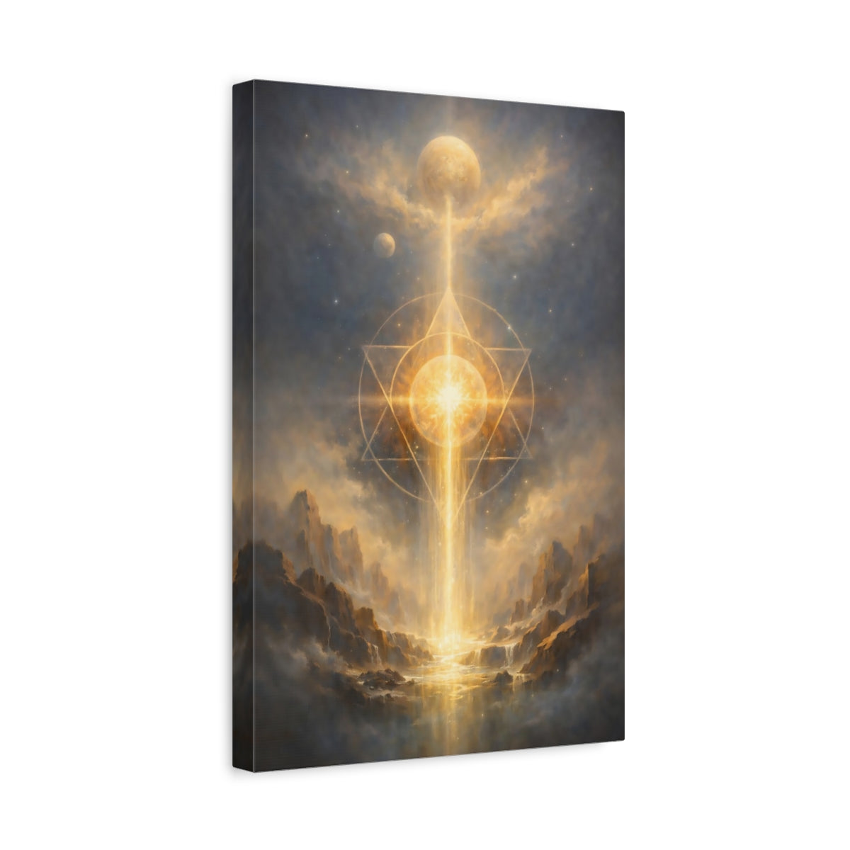 Side Mockup 4. Religious Sacred Geometry Gold And Blue shown as stretched canvas wall art
