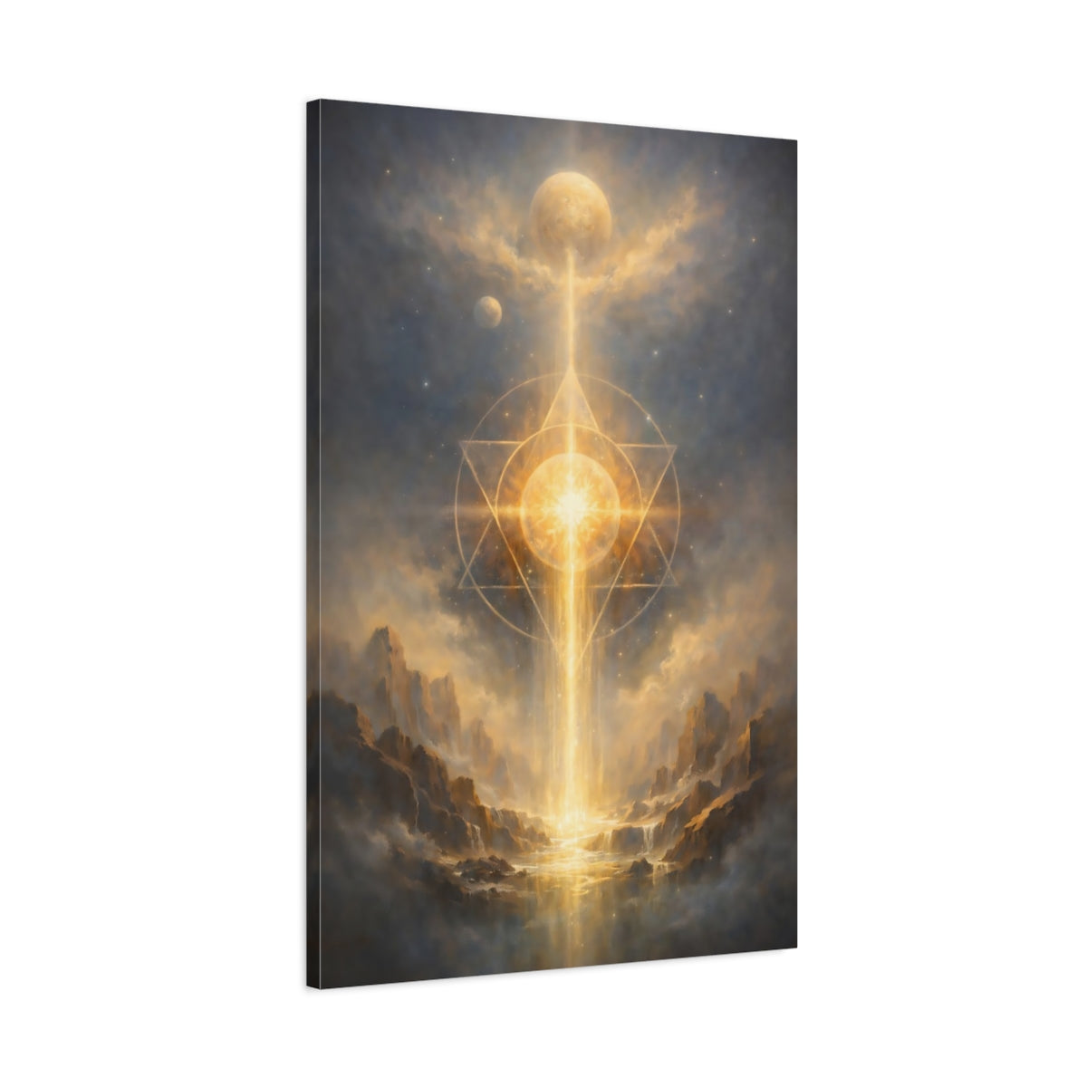 Side Mockup 1. Religious Sacred Geometry Gold And Blue shown as stretched canvas wall art