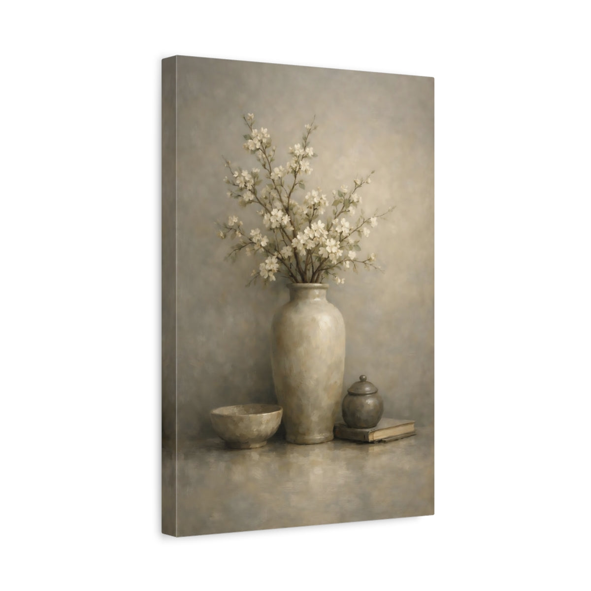 Side Mockup 4. Floral Blossoming Branch Neutral Floral Still Life shown as stretched canvas wall art