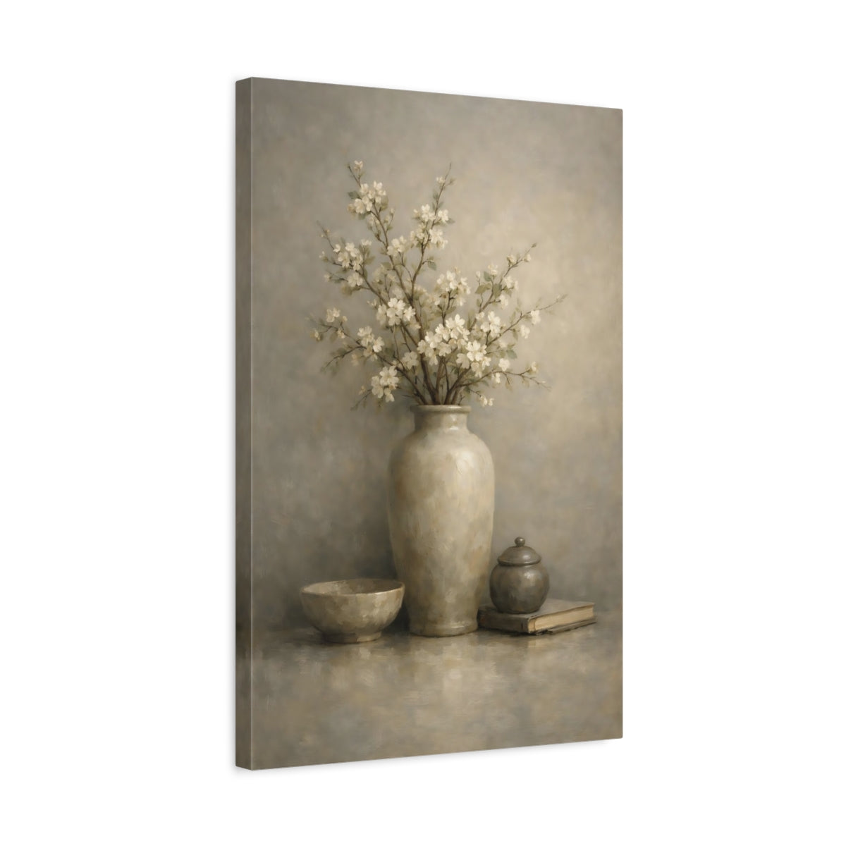 Side Mockup 3. Floral Blossoming Branch Neutral Floral Still Life shown as stretched canvas wall art