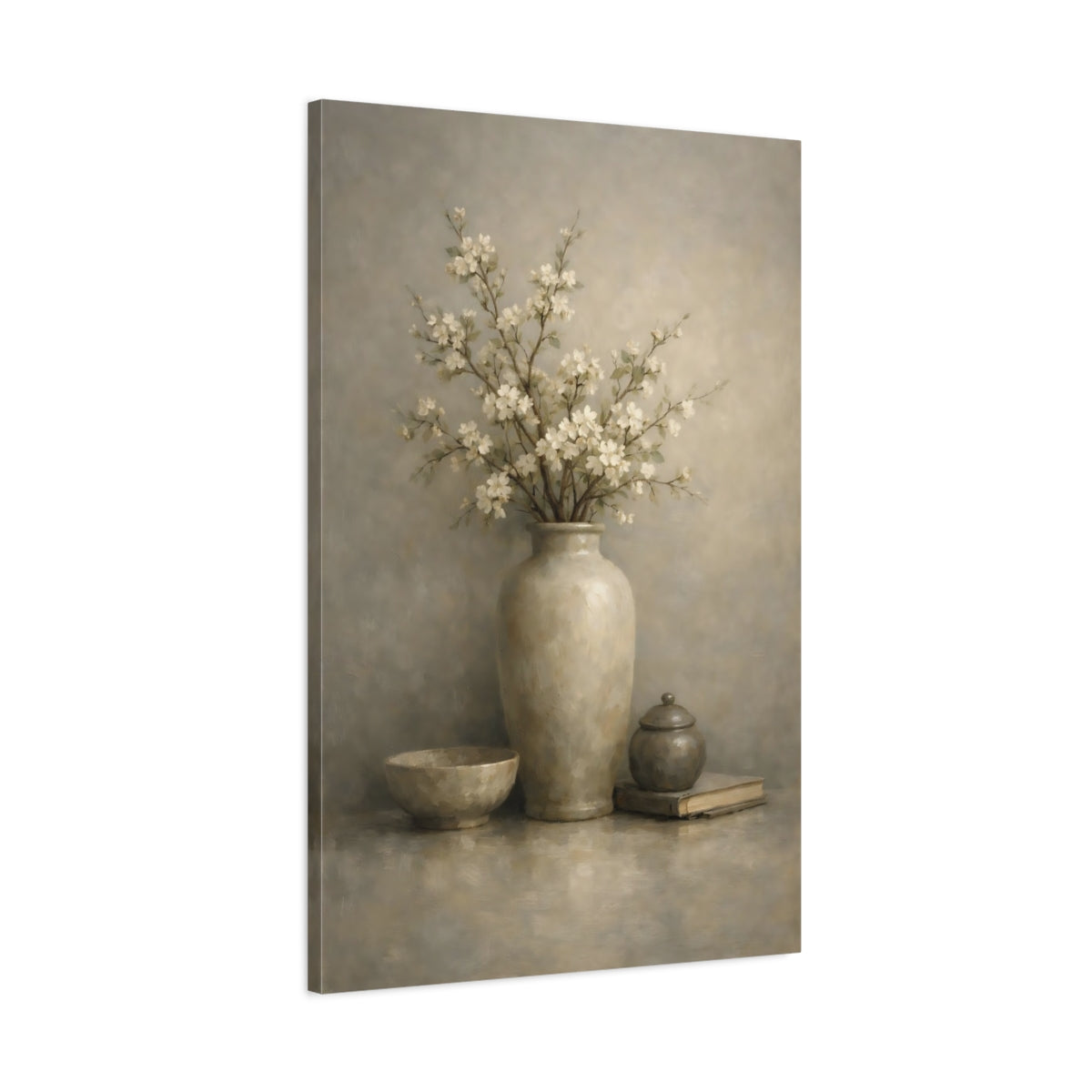 Side Mockup 1. Floral Blossoming Branch Neutral Floral Still Life shown as stretched canvas wall art