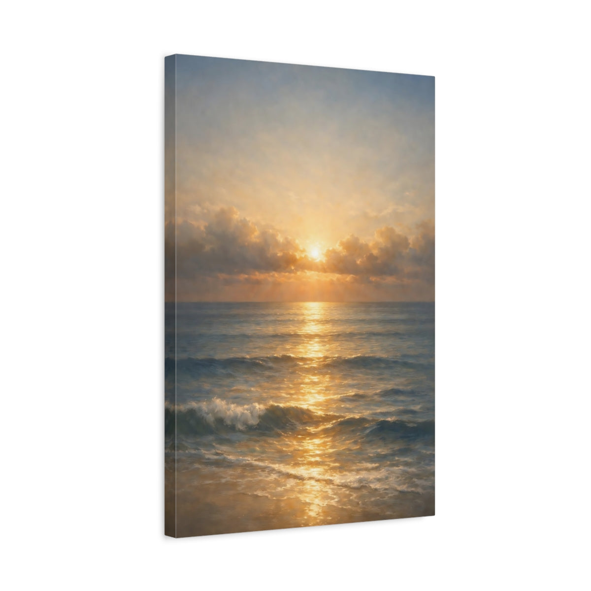Side Mockup 3. Nature Ocean Sunset Golden Seascape shown as stretched canvas wall art