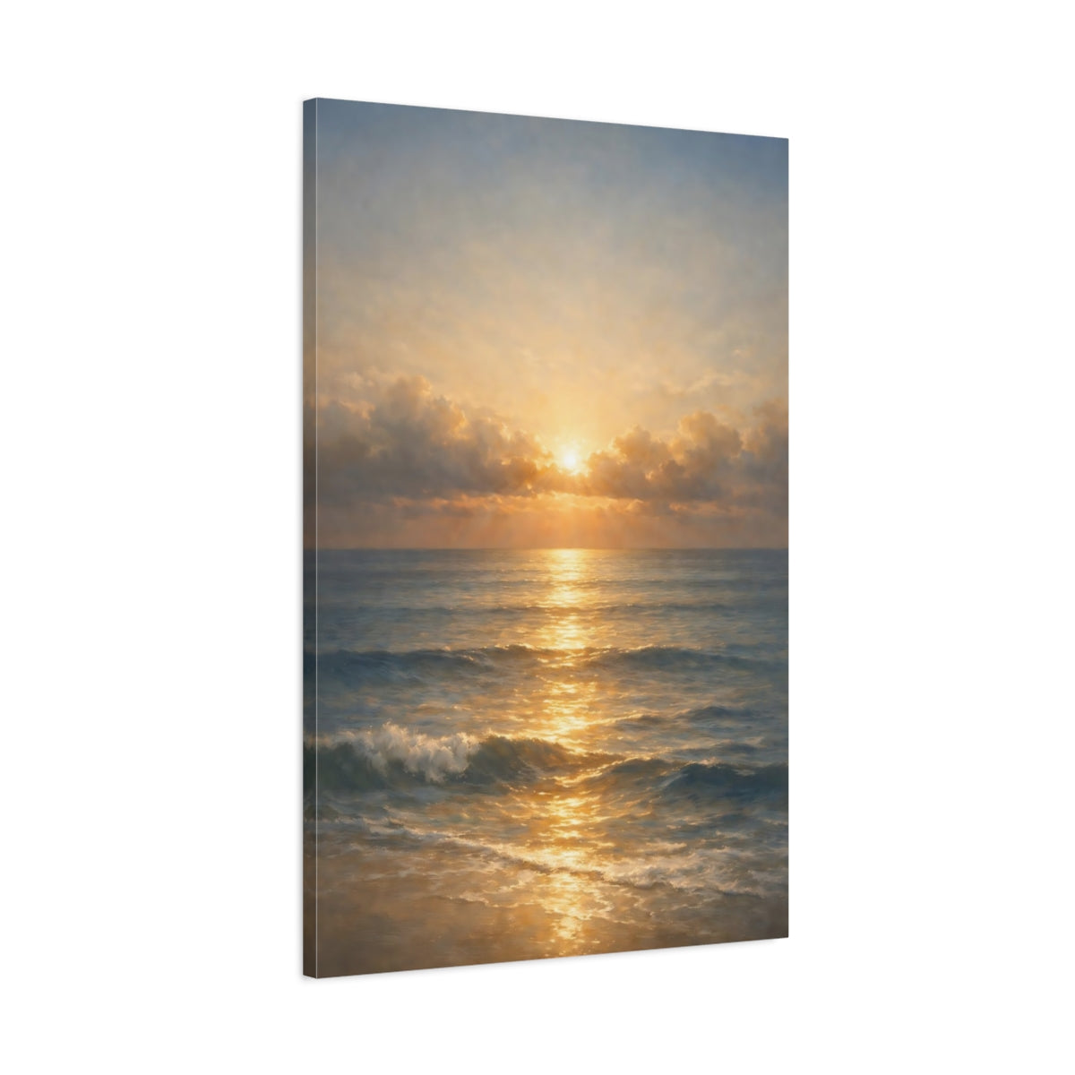 Side Mockup 1. Nature Ocean Sunset Golden Seascape shown as stretched canvas wall art
