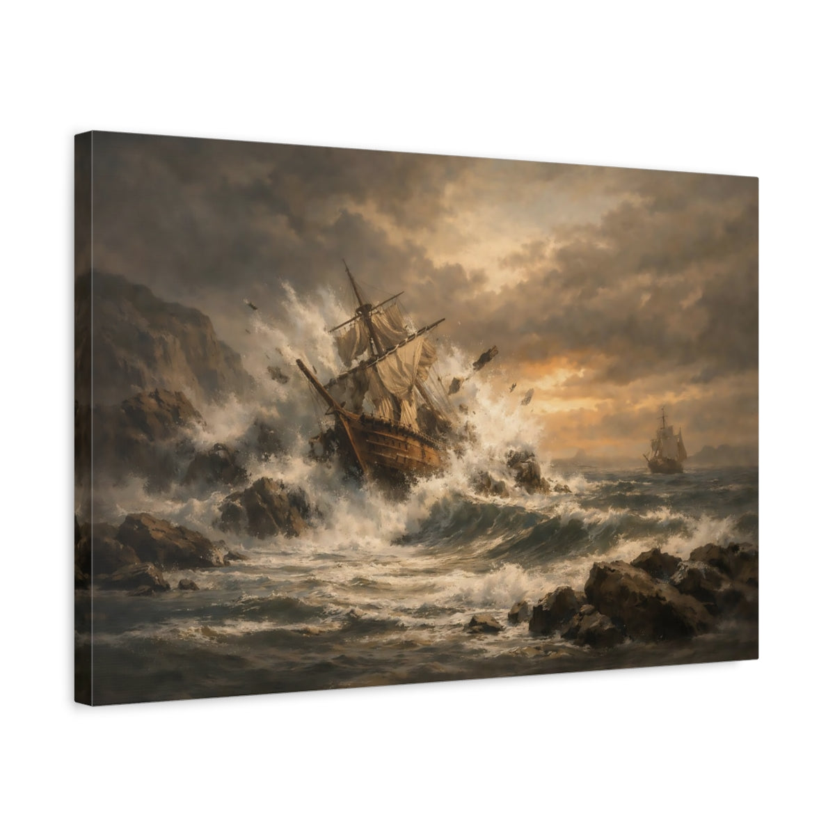Vintage Seascape Earth Tones Sailing Ship Nature - Canvas Wall Art Print