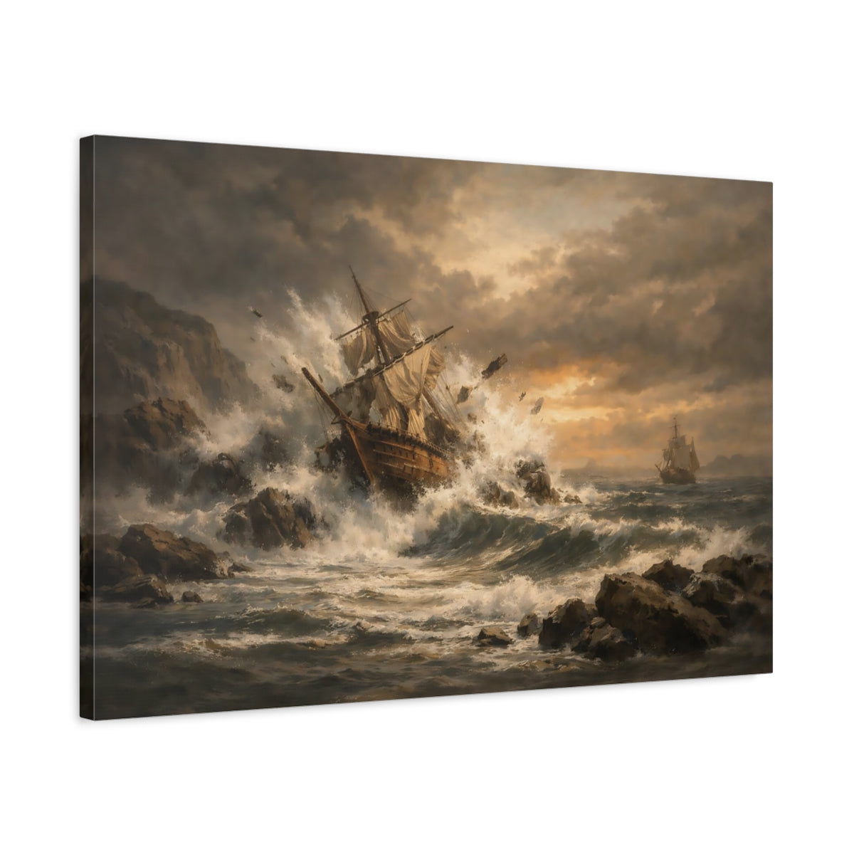 Vintage Seascape Earth Tones Sailing Ship Nature - Canvas Wall Art Print