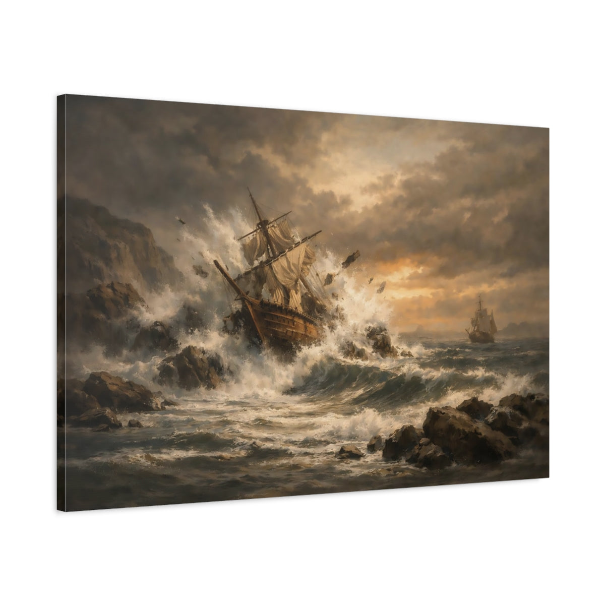 Vintage Seascape Earth Tones Sailing Ship Nature - Canvas Wall Art Print