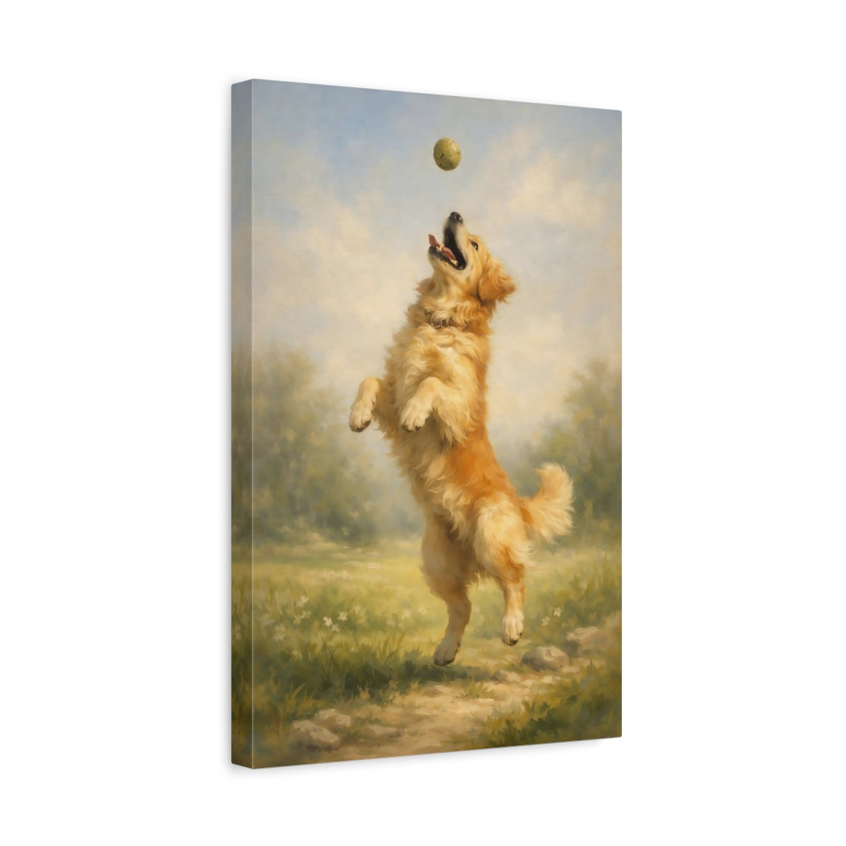Side Mockup 4. Animals Golden Retriever Golden Dog shown as stretched canvas wall art