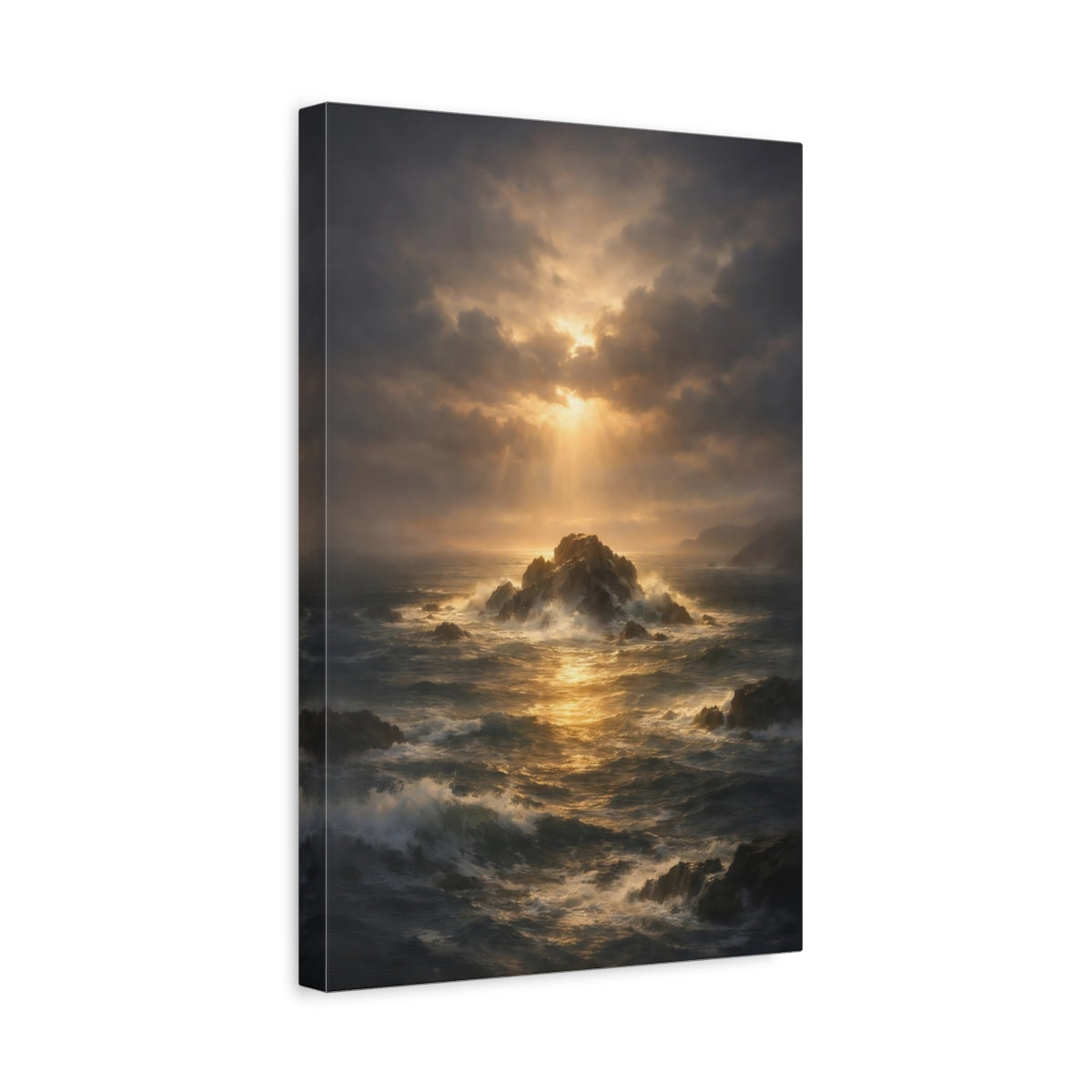 Side Mockup 4. Nature Ocean Storm Dark Ocean Sunset shown as stretched canvas wall art