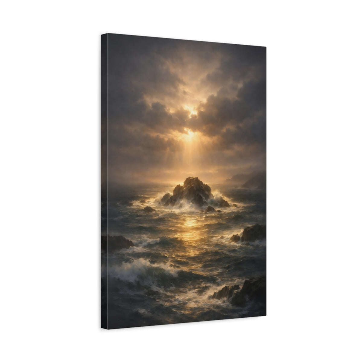 Side Mockup 3. Nature Ocean Storm Dark Ocean Sunset shown as stretched canvas wall art