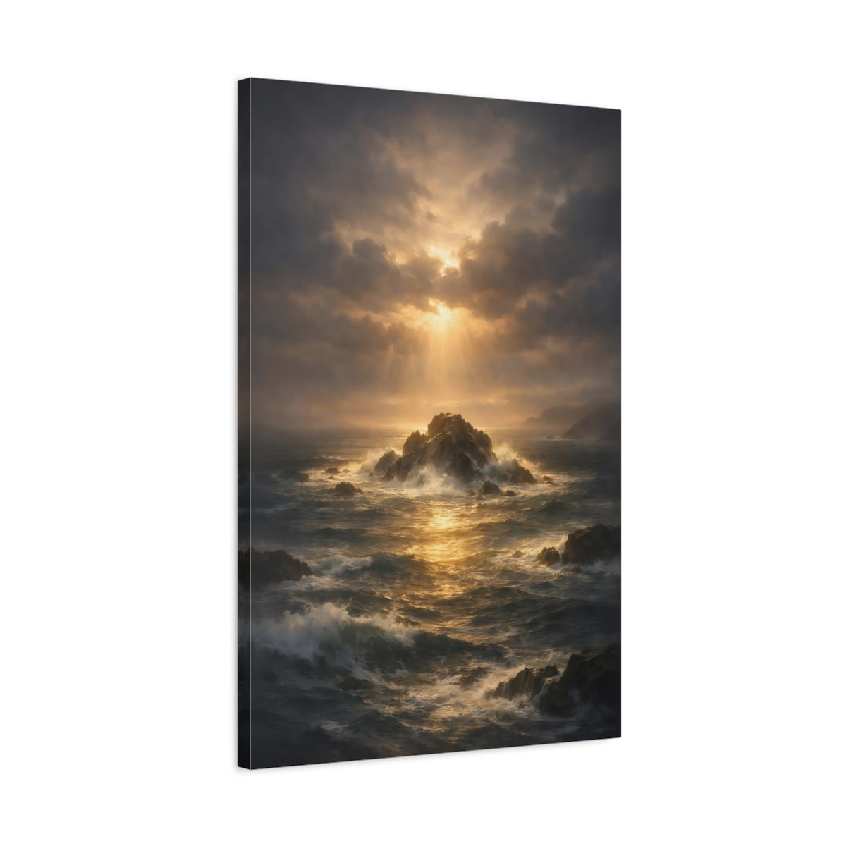 Side Mockup 2. Nature Ocean Storm Dark Ocean Sunset shown as stretched canvas wall art