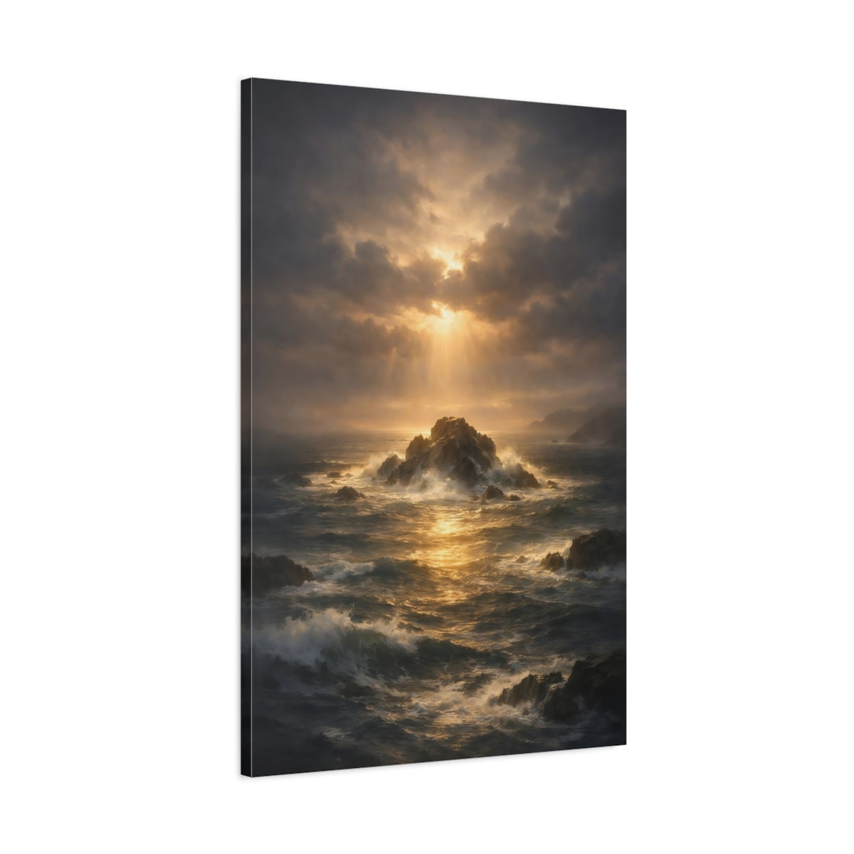 Side Mockup 1. Nature Ocean Storm Dark Ocean Sunset shown as stretched canvas wall art