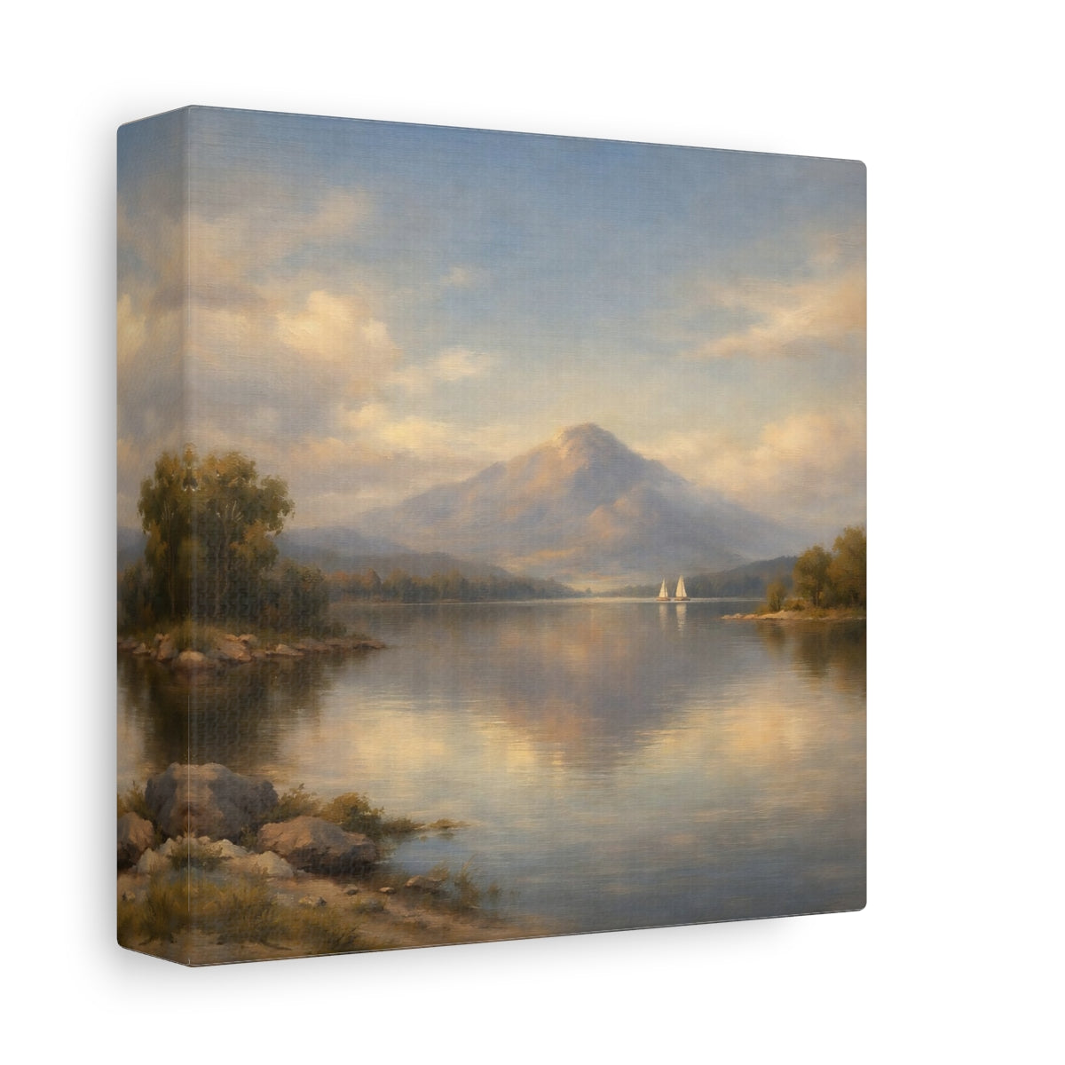 Side Mockup 1. Nature Mountain Lake Pastel Mountain Lake shown as stretched canvas wall art
