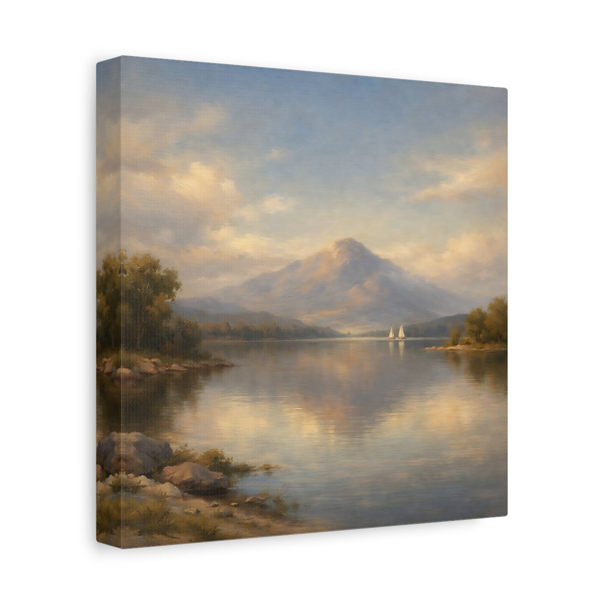 Side Mockup 9. Nature Mountain Lake Pastel Mountain Lake shown as stretched canvas wall art