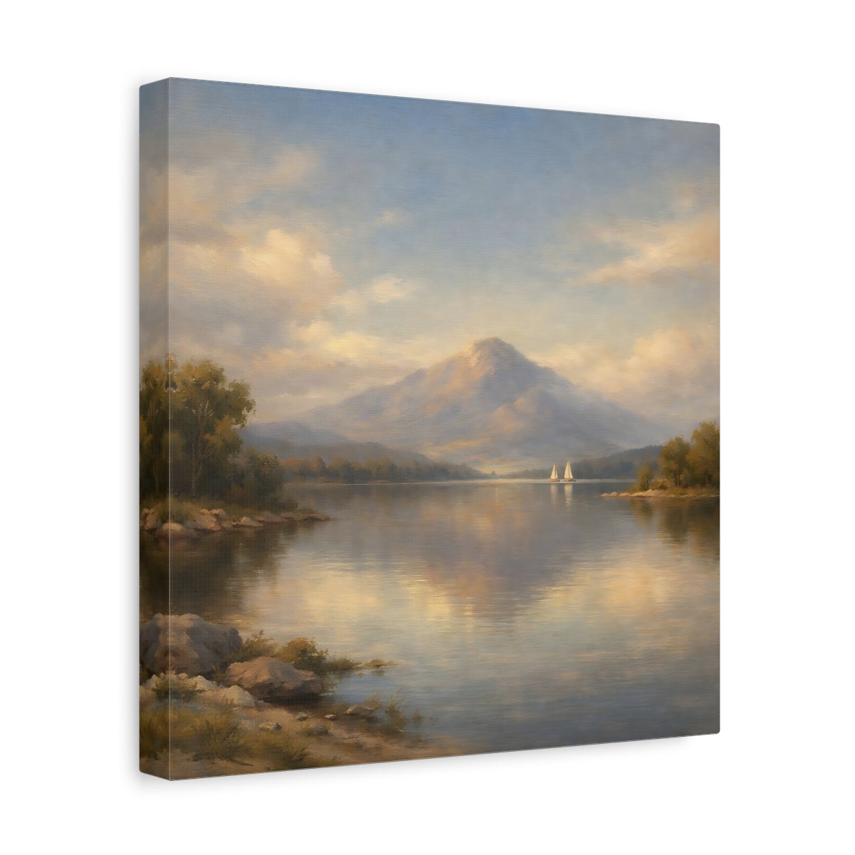 Side Mockup 8. Nature Mountain Lake Pastel Mountain Lake shown as stretched canvas wall art
