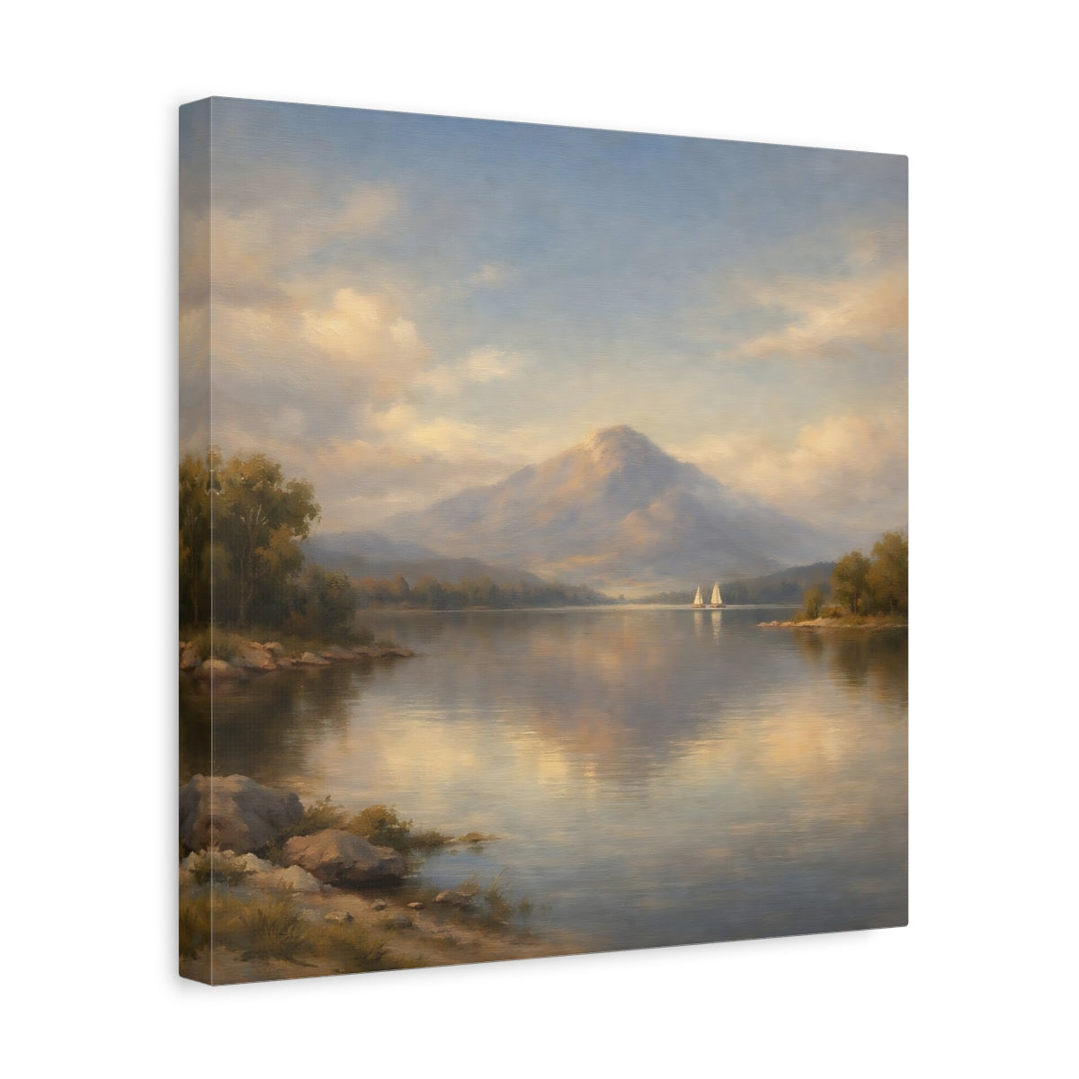 Side Mockup 7. Nature Mountain Lake Pastel Mountain Lake shown as stretched canvas wall art