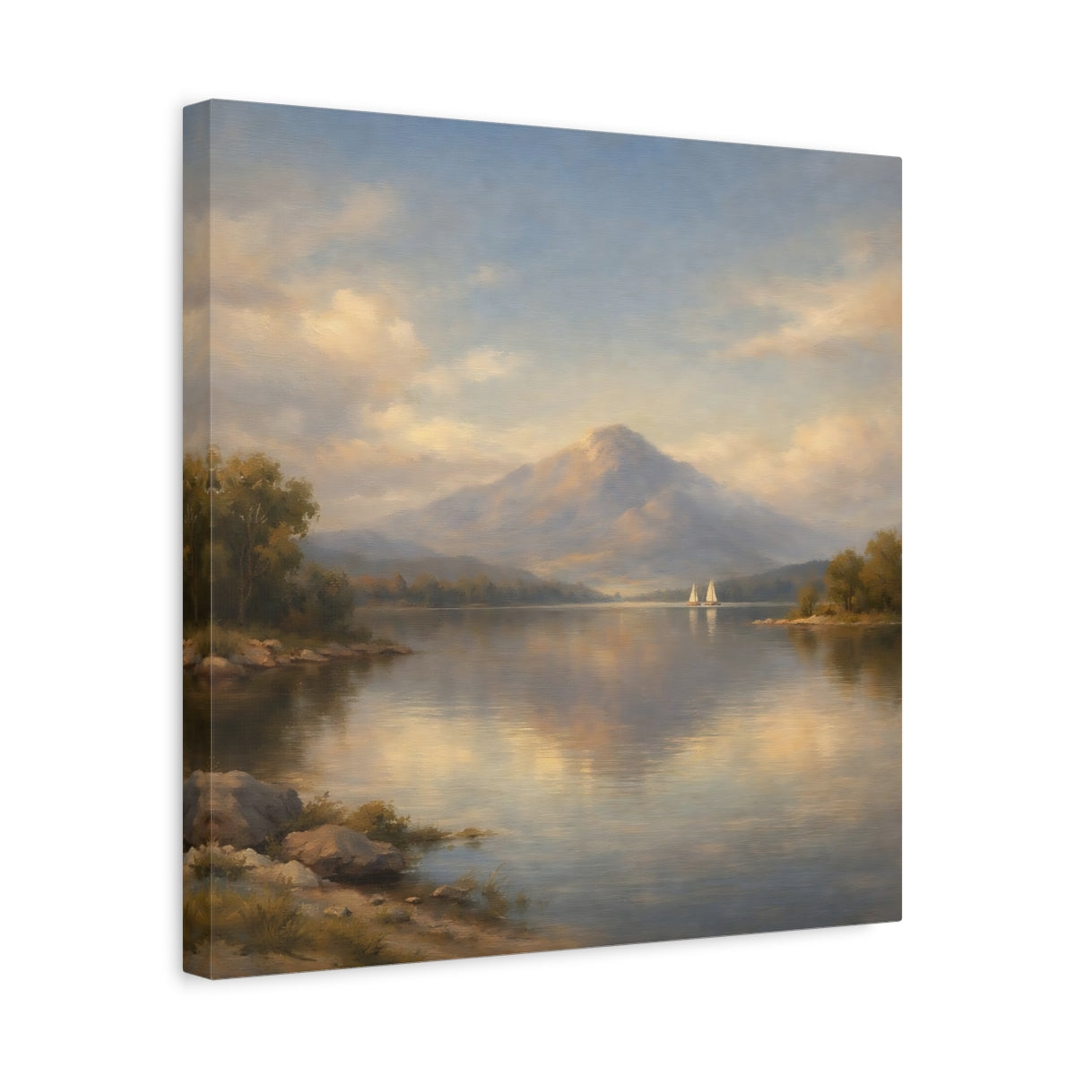 Side Mockup 6. Nature Mountain Lake Pastel Mountain Lake shown as stretched canvas wall art
