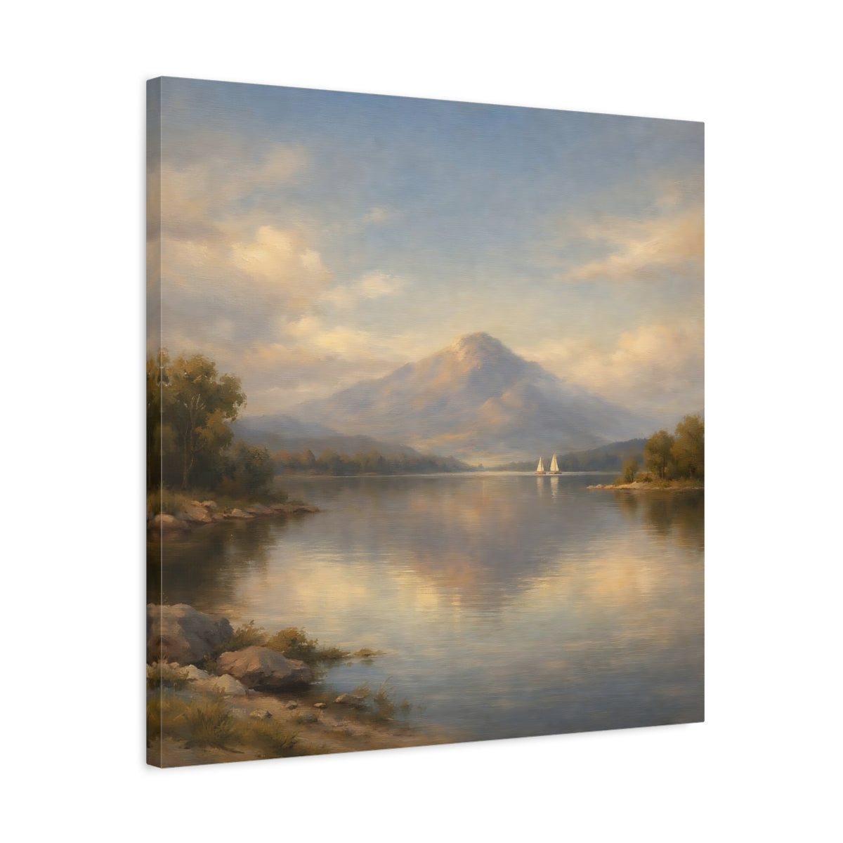 Side Mockup 4. Nature Mountain Lake Pastel Mountain Lake shown as stretched canvas wall art
