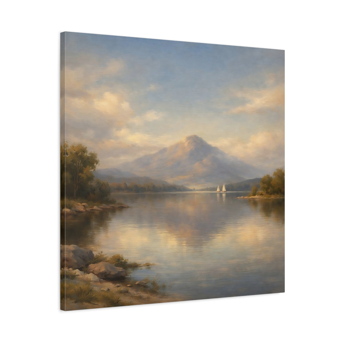 Side Mockup 3. Nature Mountain Lake Pastel Mountain Lake shown as stretched canvas wall art
