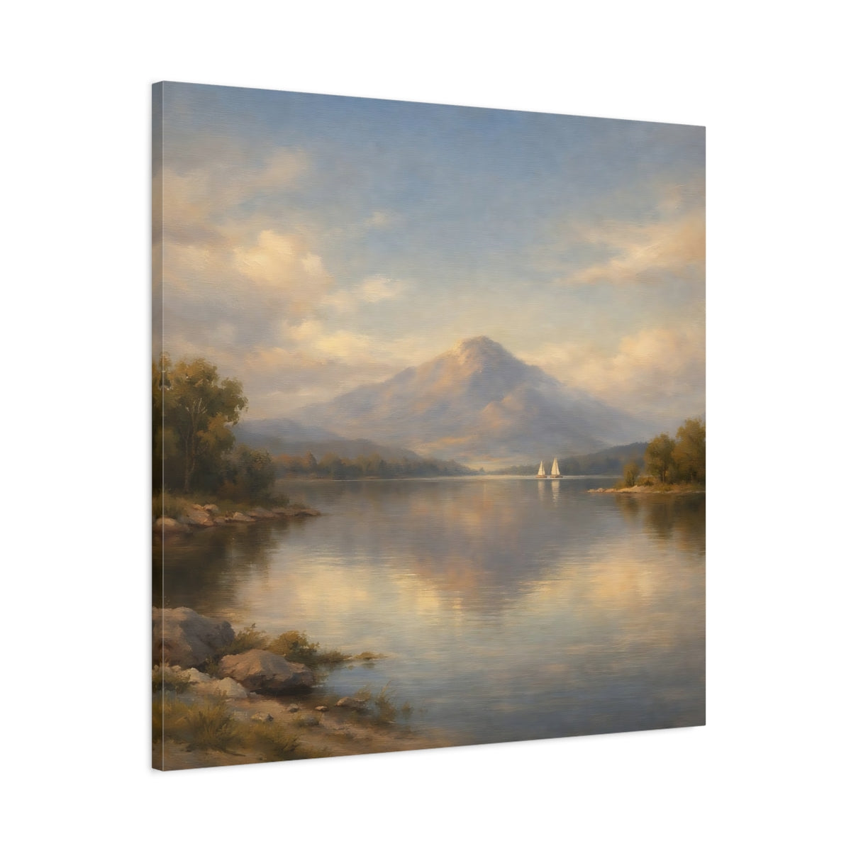 Side Mockup 2. Nature Mountain Lake Pastel Mountain Lake shown as stretched canvas wall art