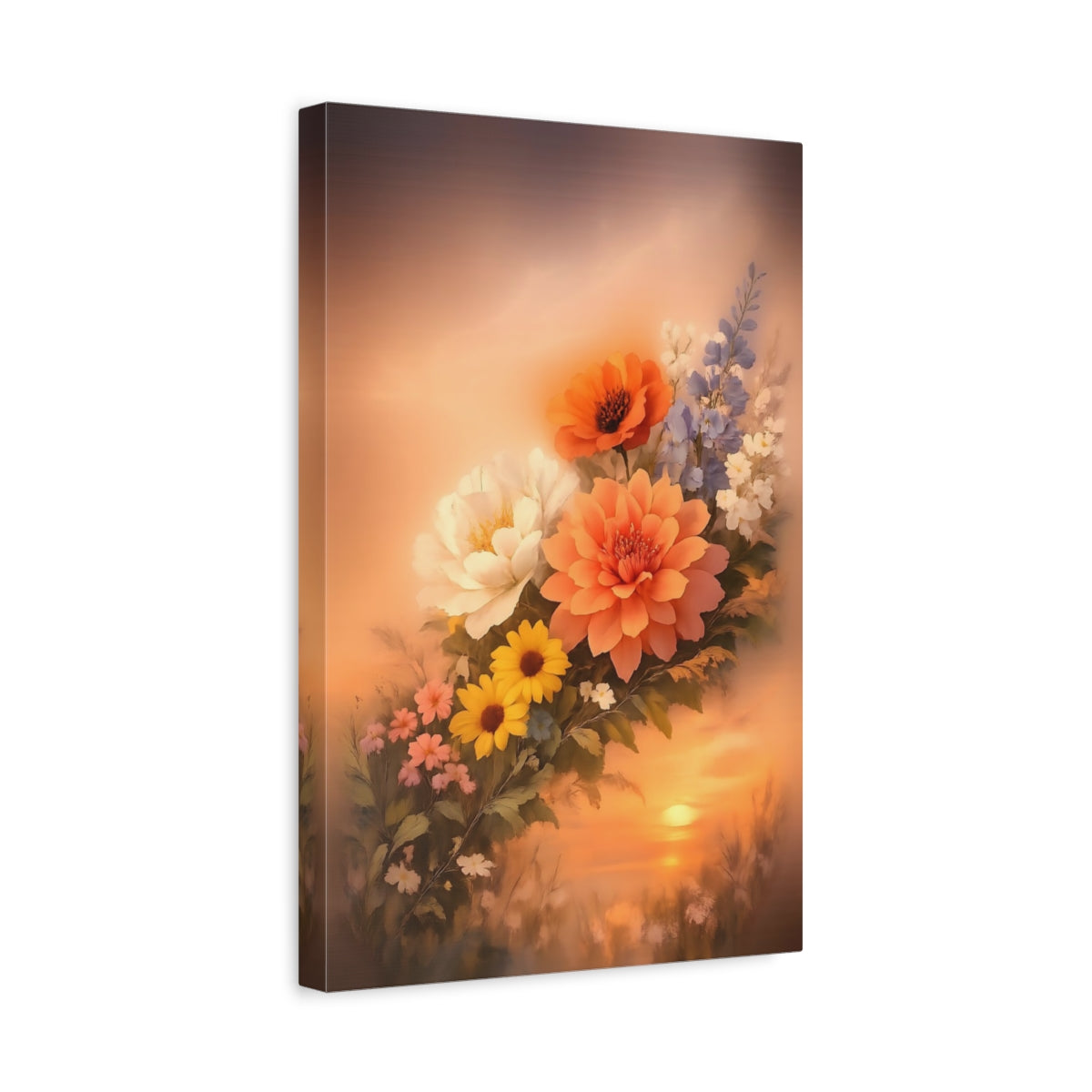Floral Mixed Flowers Orange Sunset - Canvas Wall Art Print