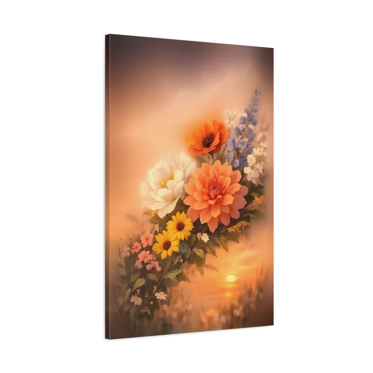 Floral Mixed Flowers Orange Sunset - Canvas Wall Art Print