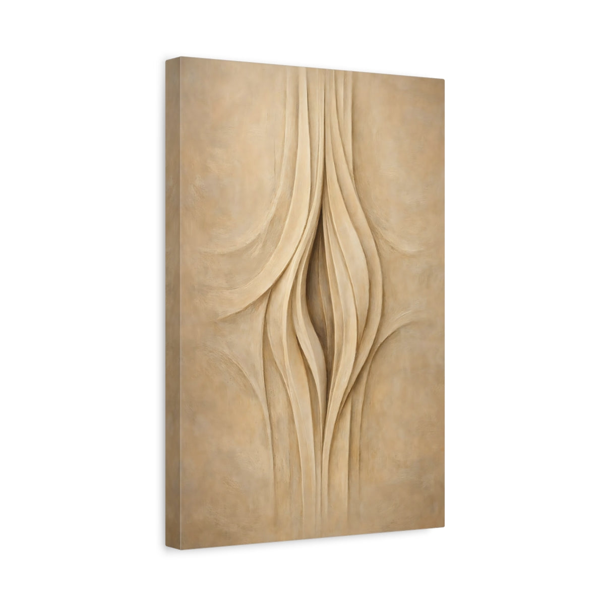 Side Mockup 4. Abstract Organic Curves Beige And Cream Abstract shown as stretched canvas wall art